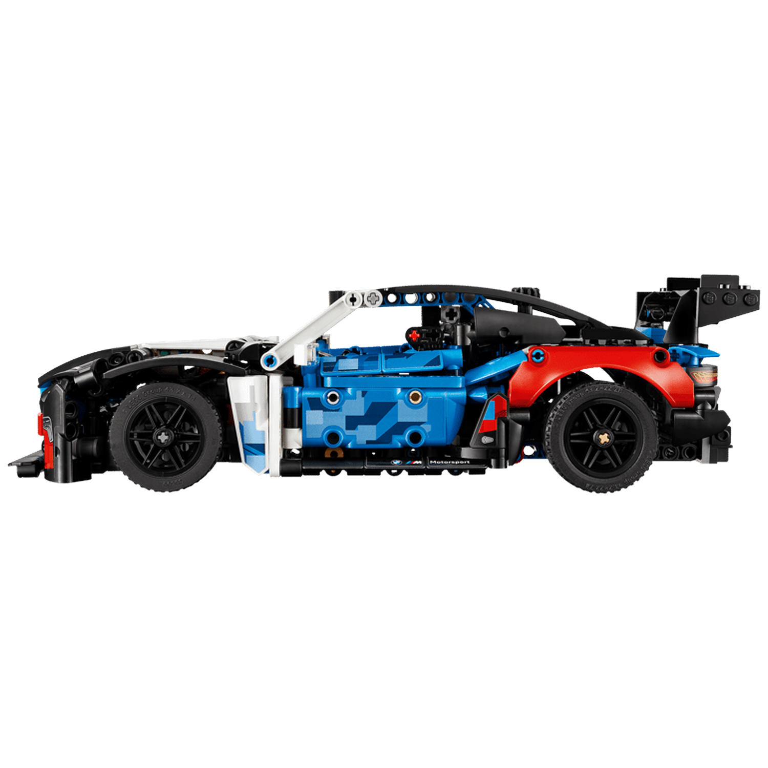 A Lego Technic sports car with blue, red, and black parts, and black wheels.