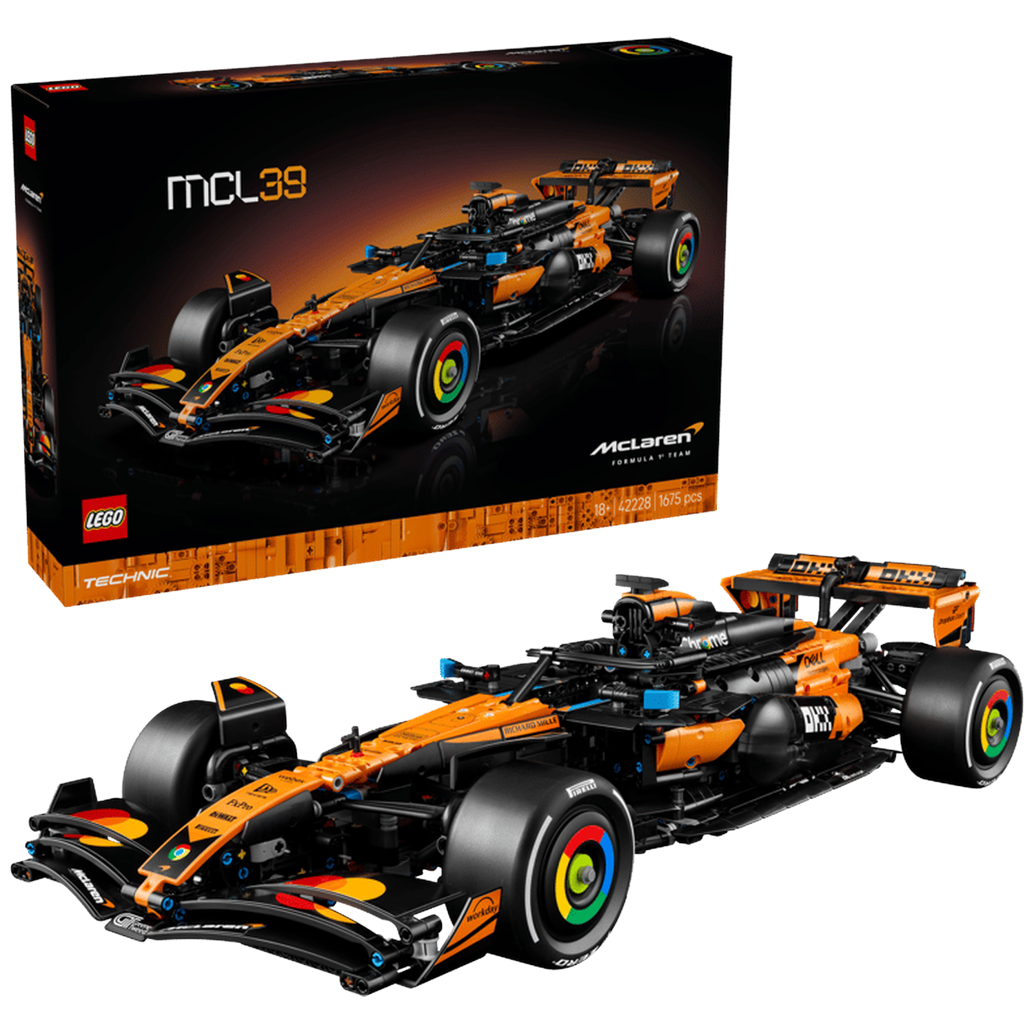 An orange and black Lego McLaren Formula 1 race car with colorful wheel rims.