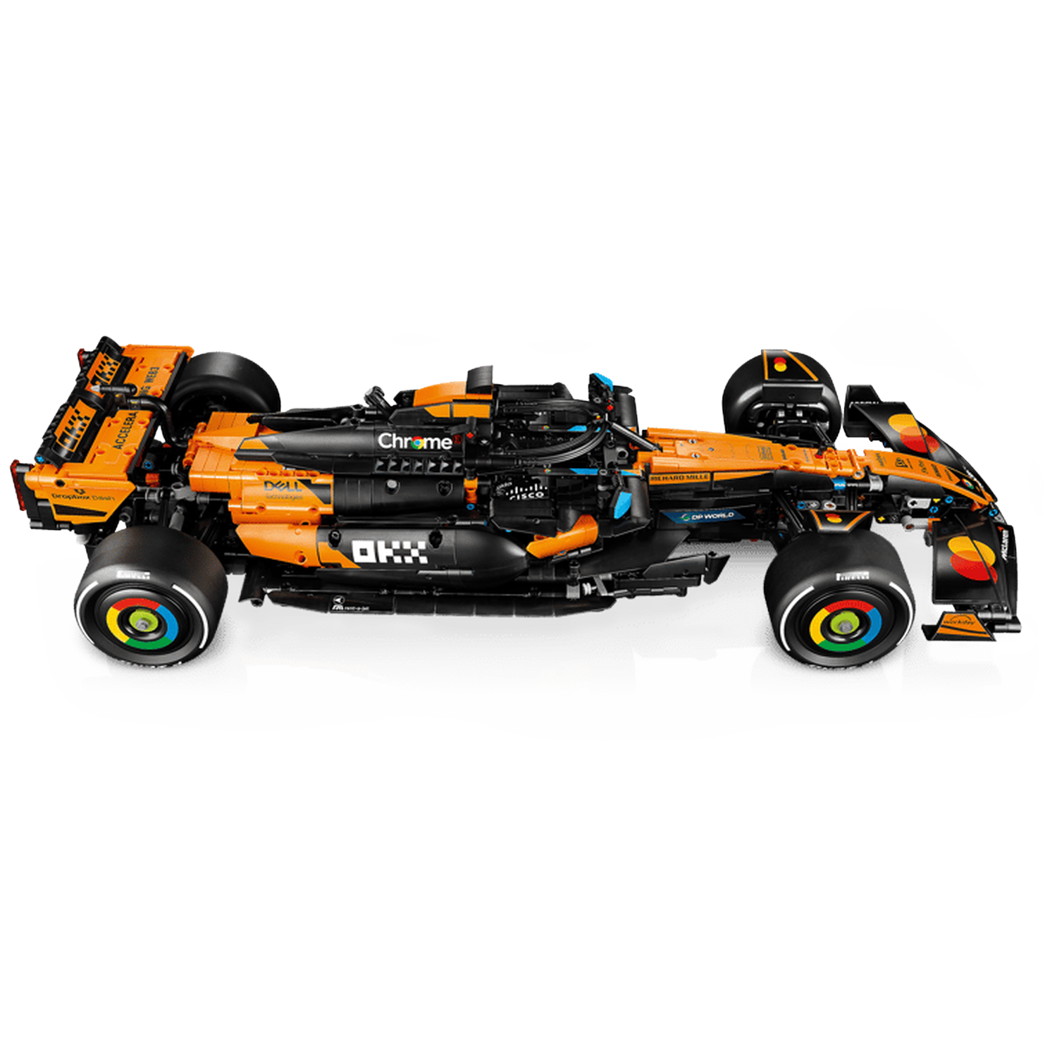 An orange and black Formula 1 race car model on a black background.