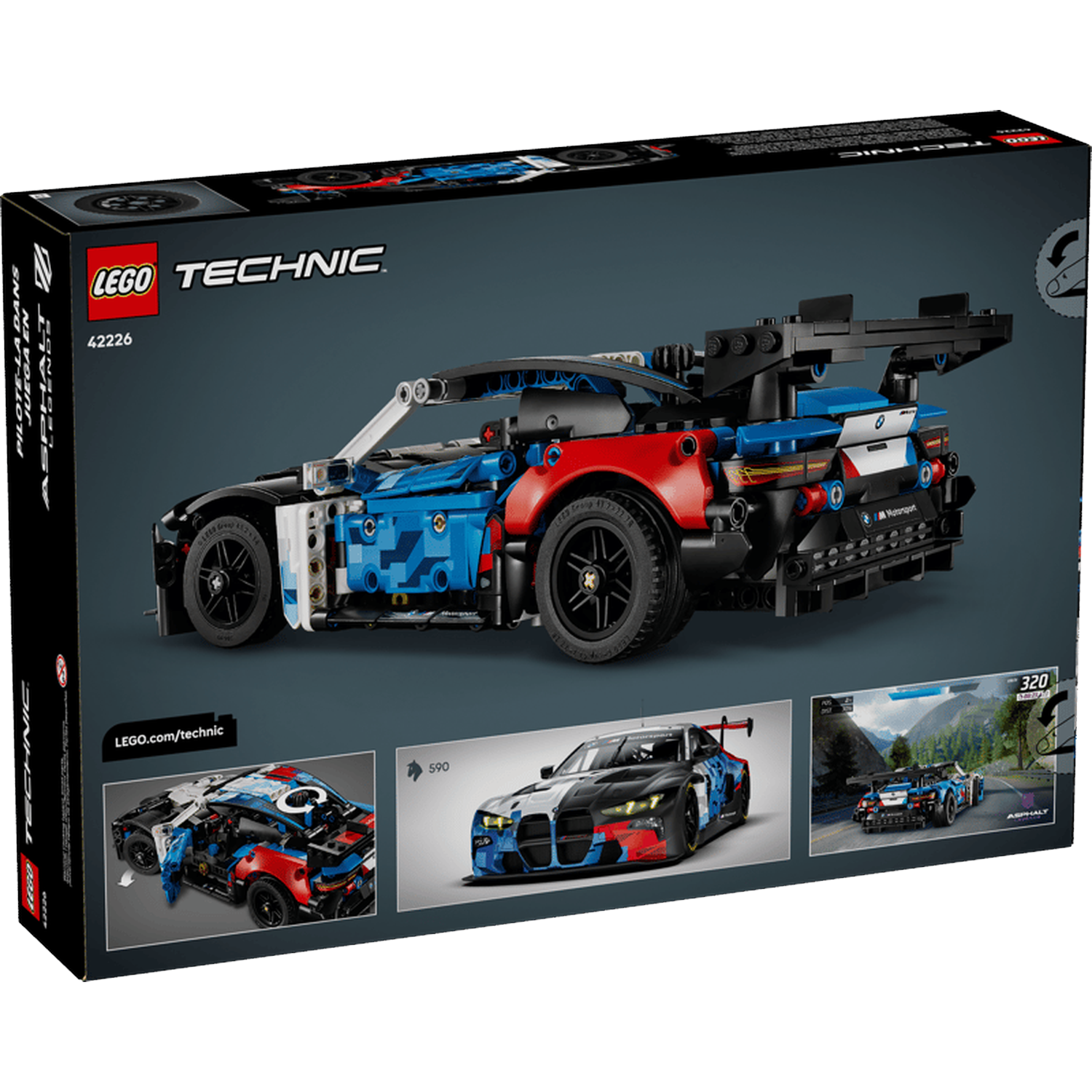 LEGO Technic BMW M4 GT3 model car kit with red, blue, and white details.