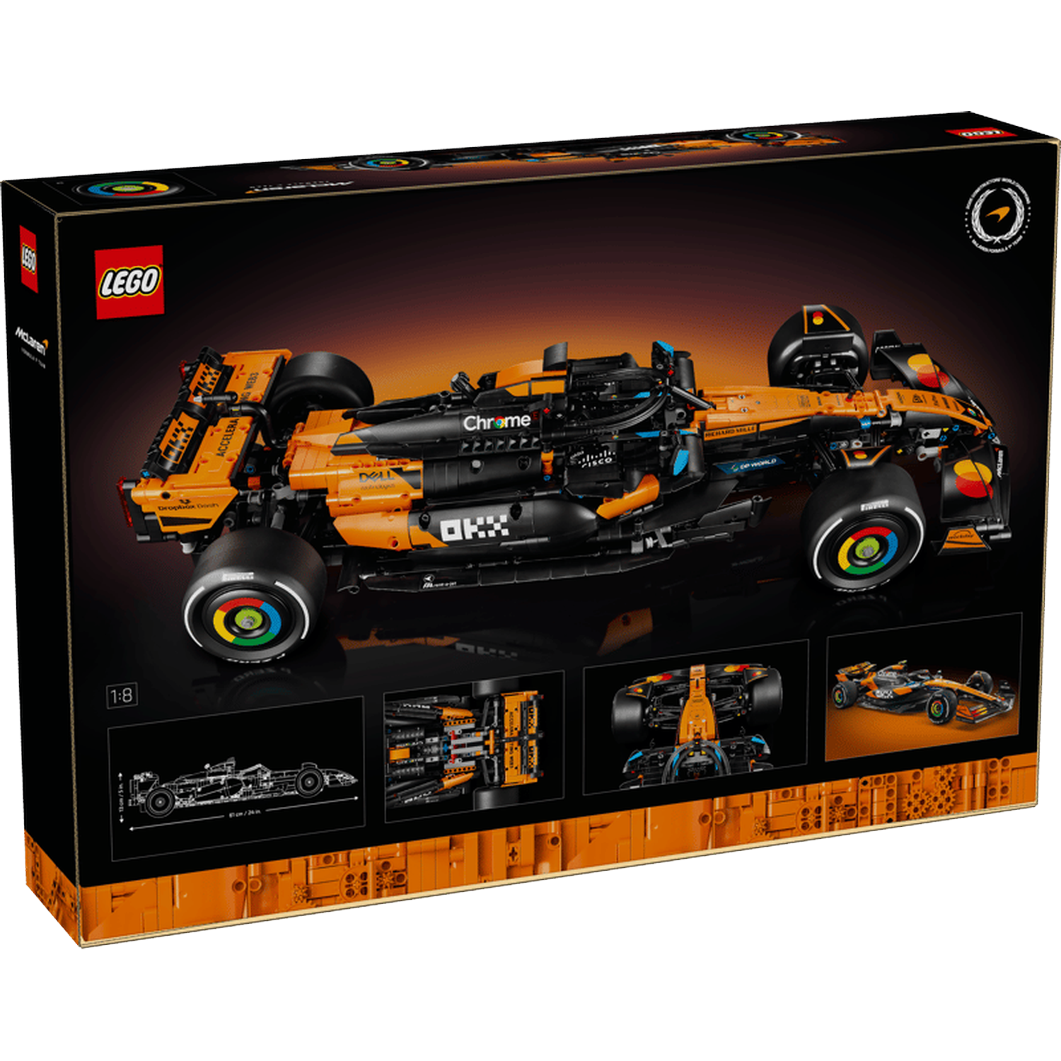 Lego McLaren Formula 1 race car building set on a black background.