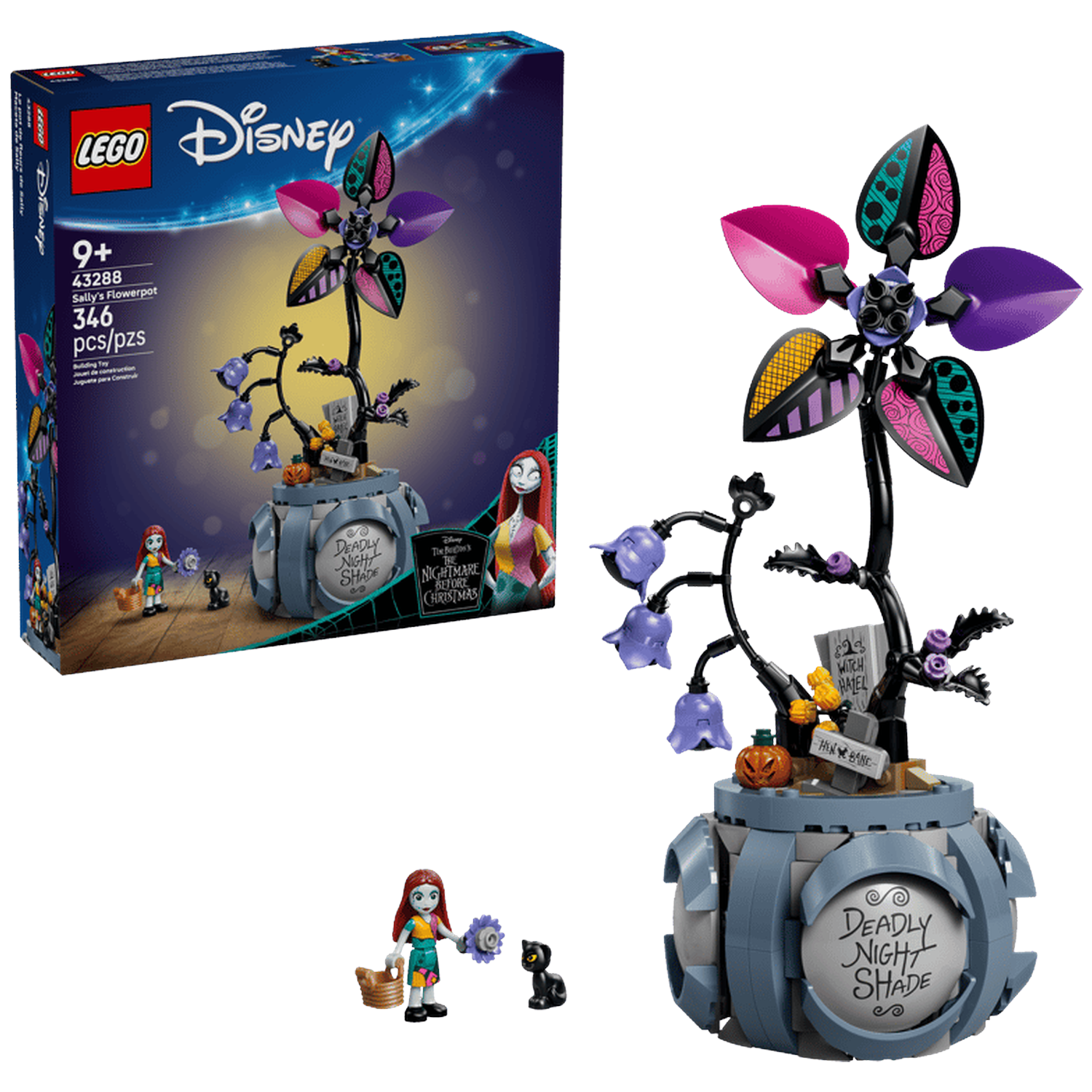 LEGO Sally's bloempot met Sally, een kat en een blauw bloemmodel.