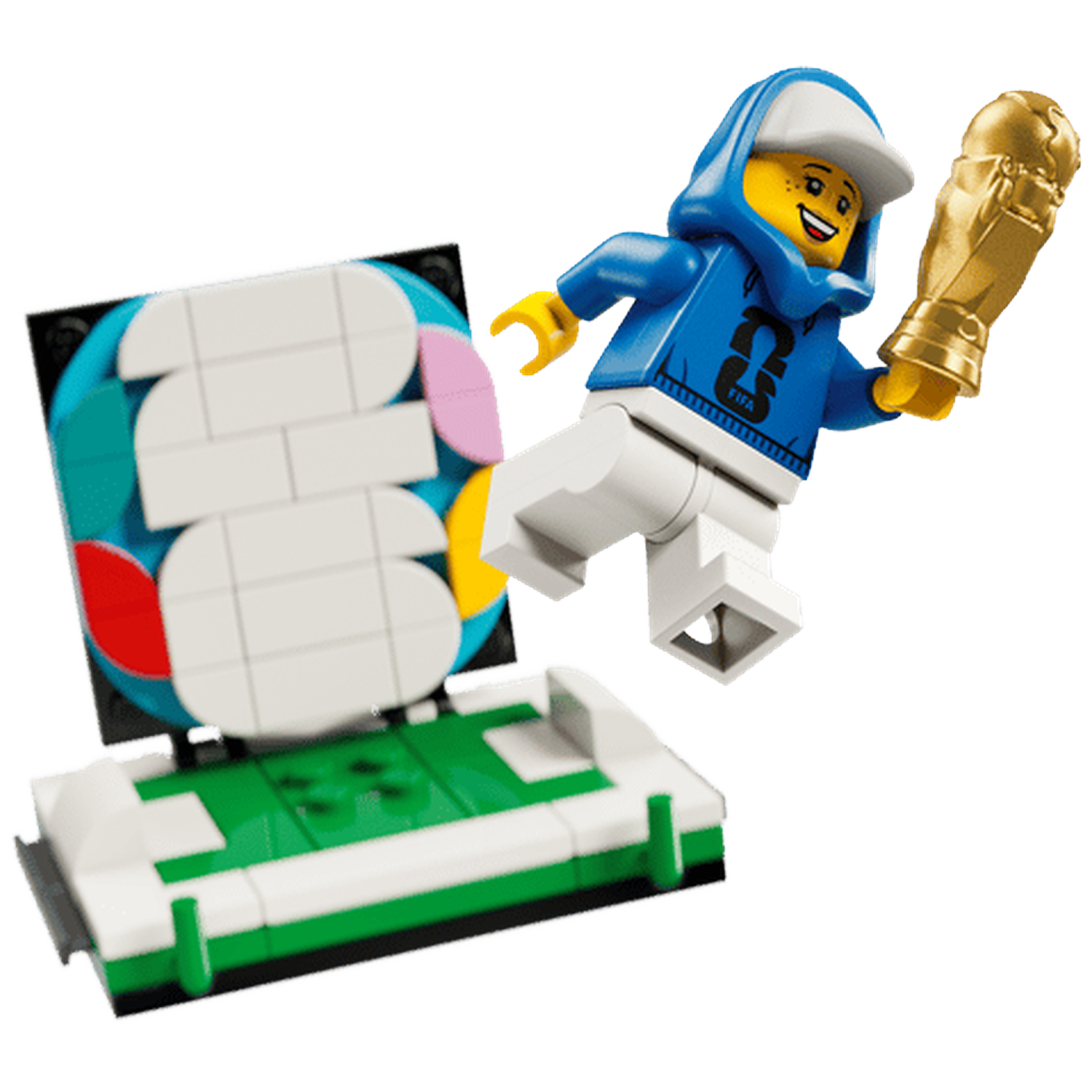 Un joueur de football Lego en tenue bleue tient un trophée doré.