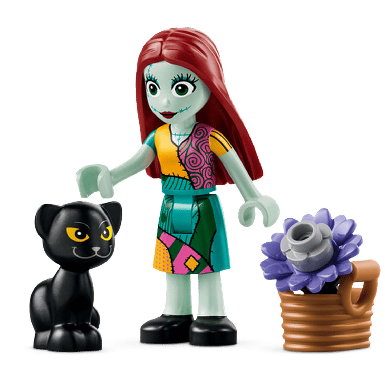 Sally-figuur met zwarte kat en paarse bloem in pot.