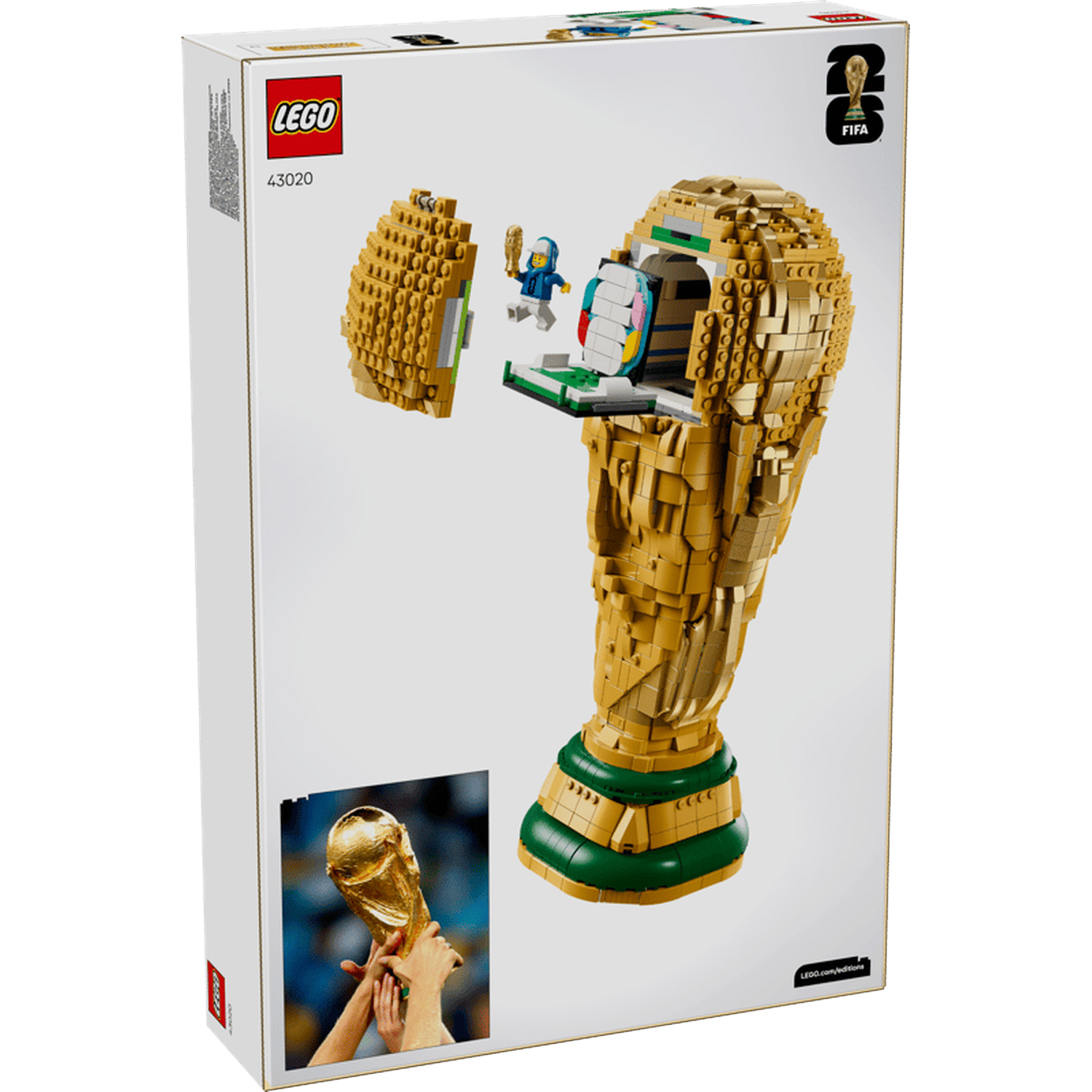Set LEGO Coupe du Monde avec dessus ouvert montrant une figurine et une base verte.