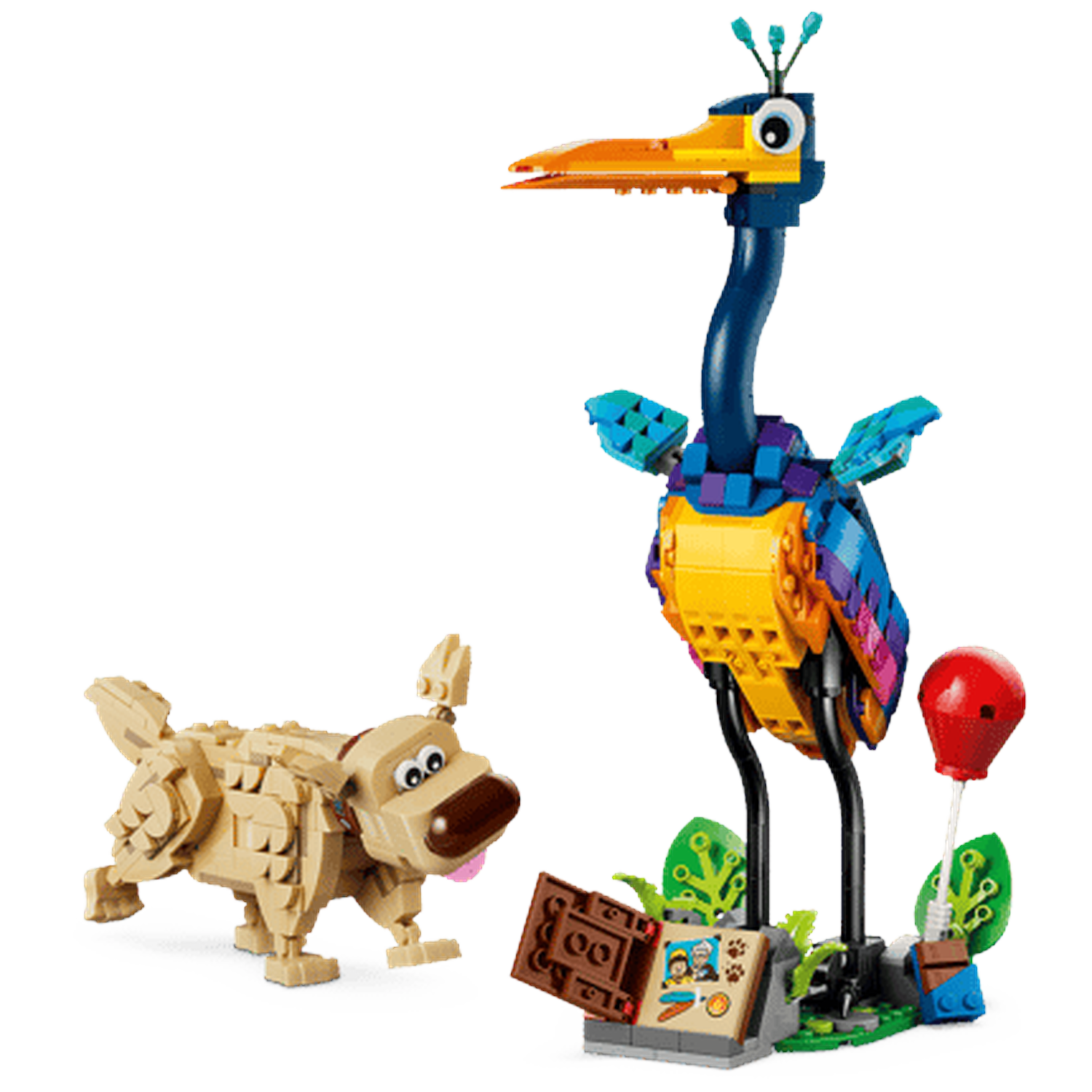 Een Lego vogel en hond staan naast een rode ballon en een boek.