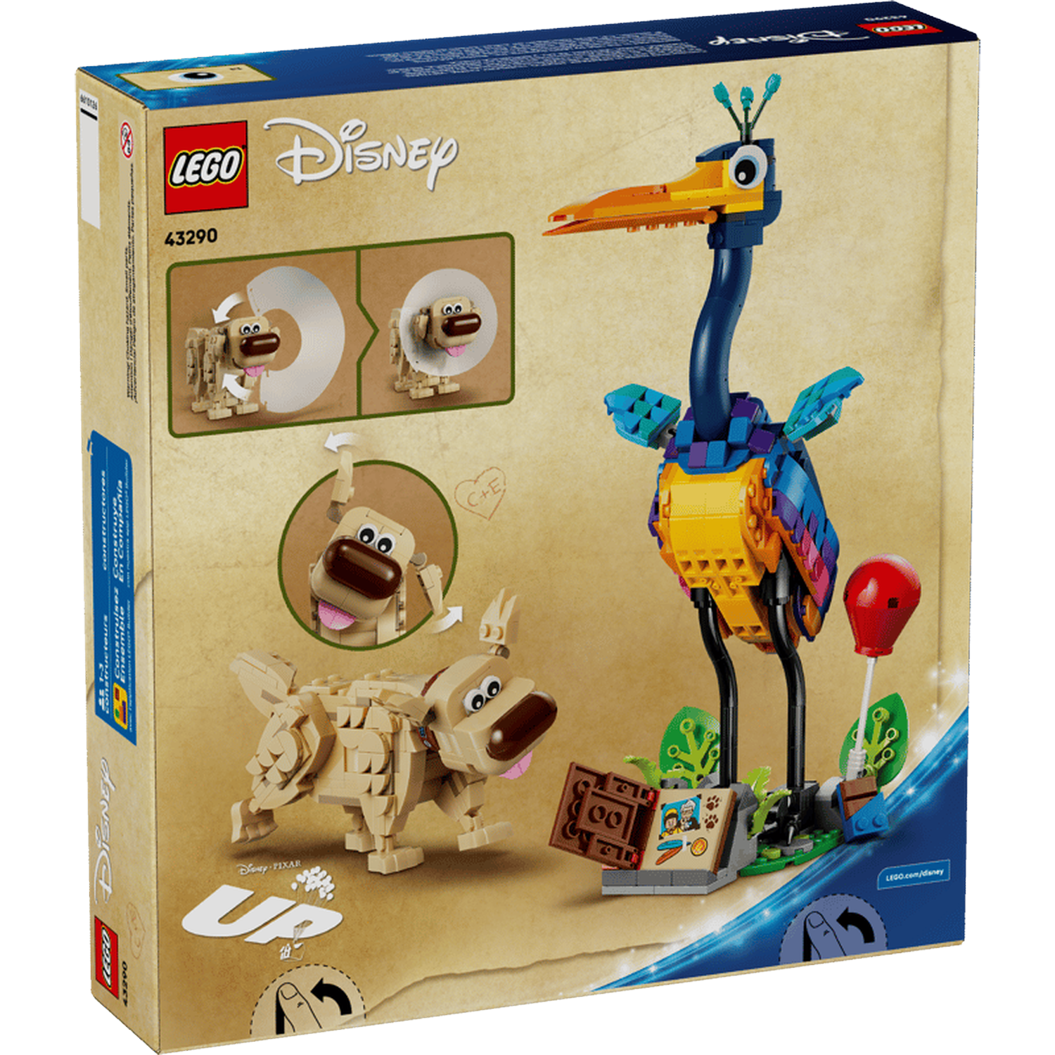 LEGO modellen van Dug en Kevin uit Disney's Up op een doos.