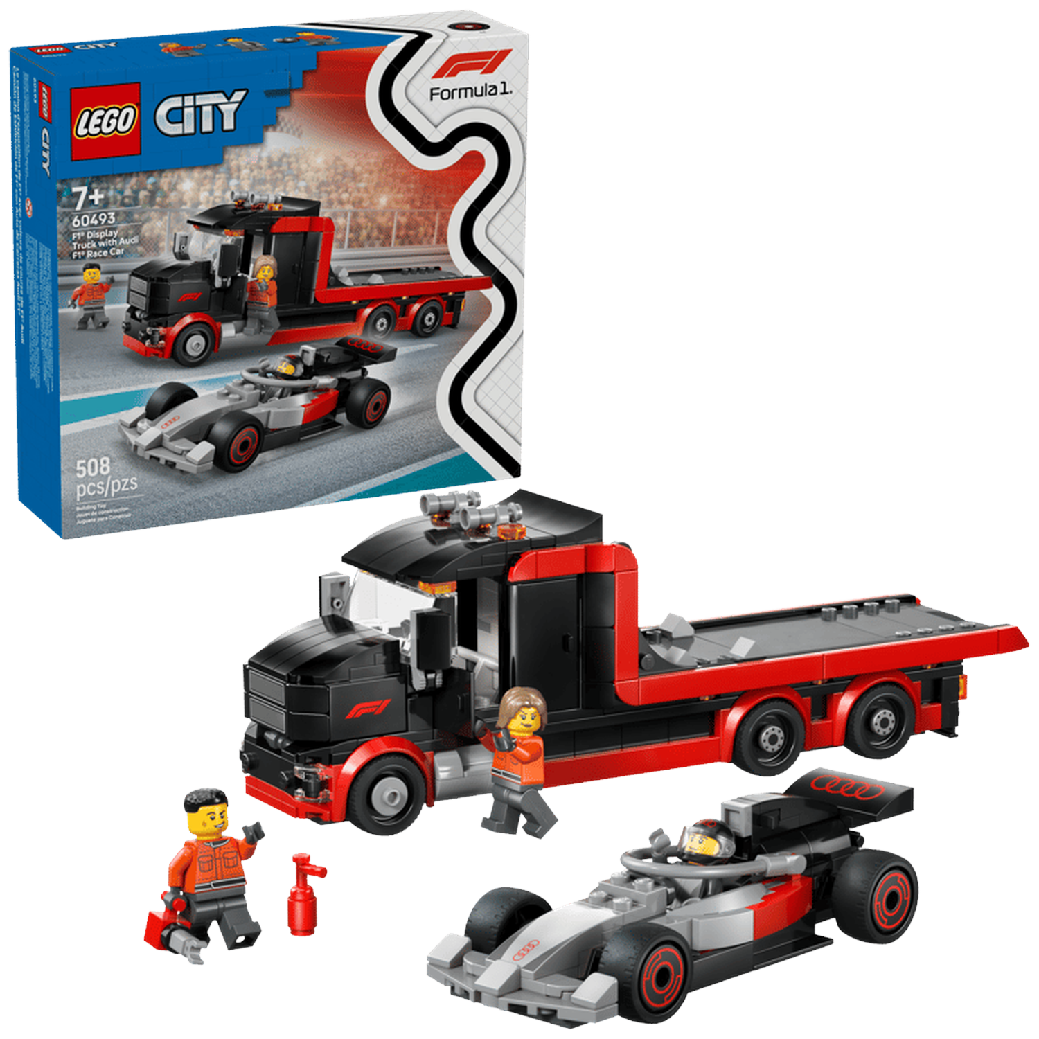 LEGO F1 display truck met Audi F1 raceauto en twee minifiguren.