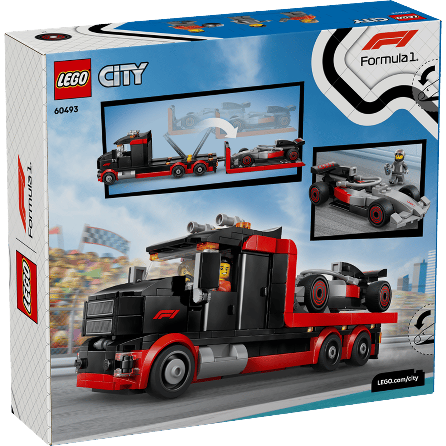 Een LEGO Formule 1 racewagen transporteur met een auto op de trailer.