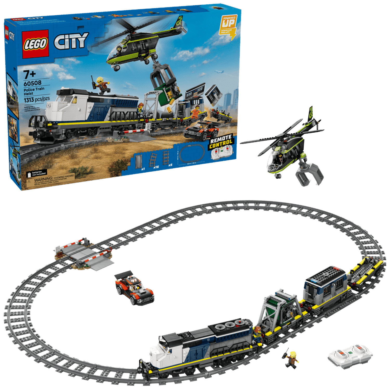 LEGO City Police Train Heist set with train, helicopter, car, and tracks.