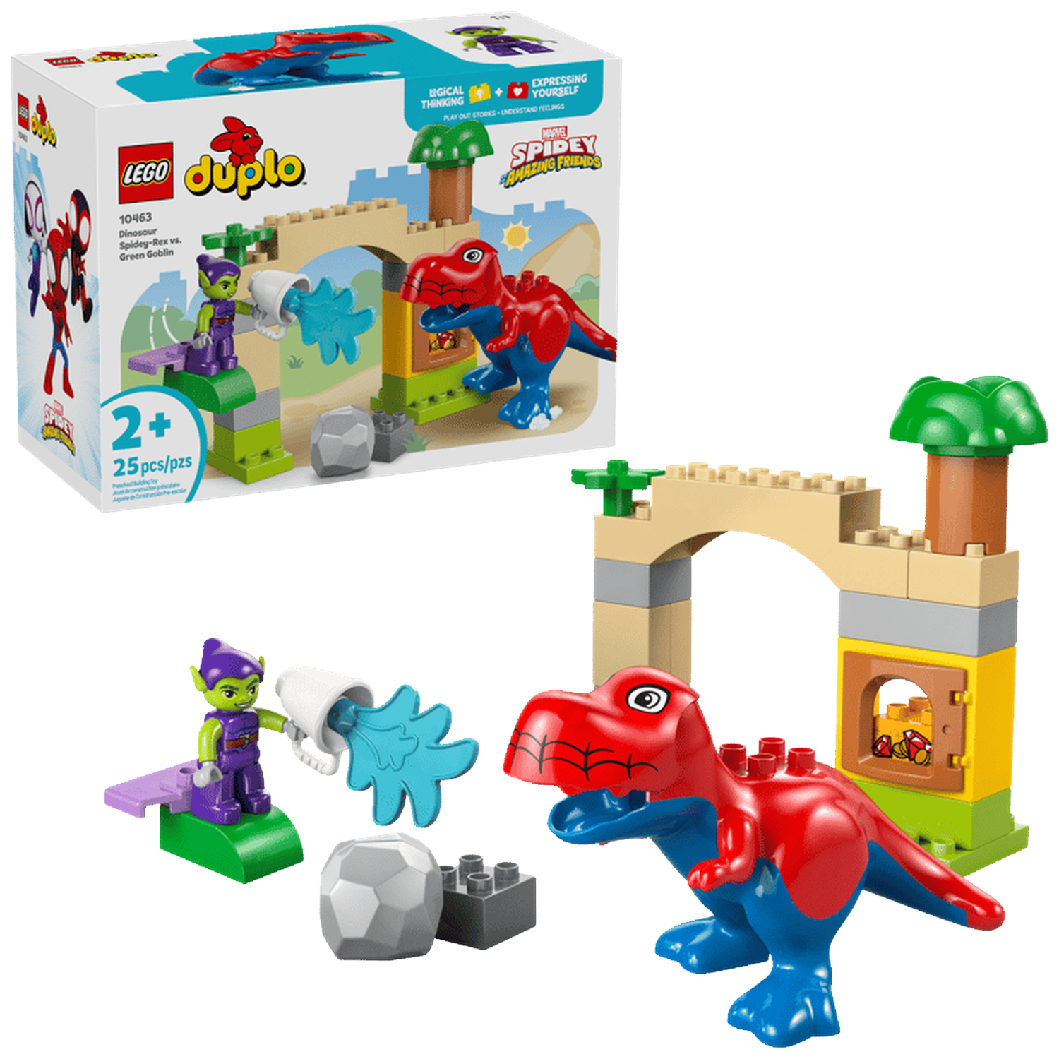 Set Lego Duplo : Le Gobelin vert lance du liquide bleu sur le dinosaure Spidey-Rex près d'un château.