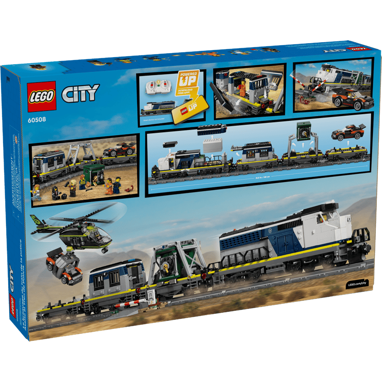 Lego City train set with helicopter, car, and various train cars on a track.