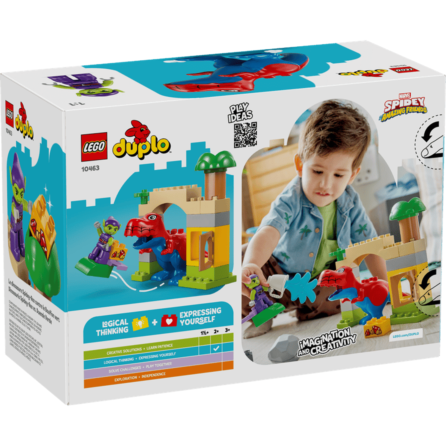 Boîte Lego Duplo avec un garçon jouant avec des figurines de dinosaures et Spiderman.