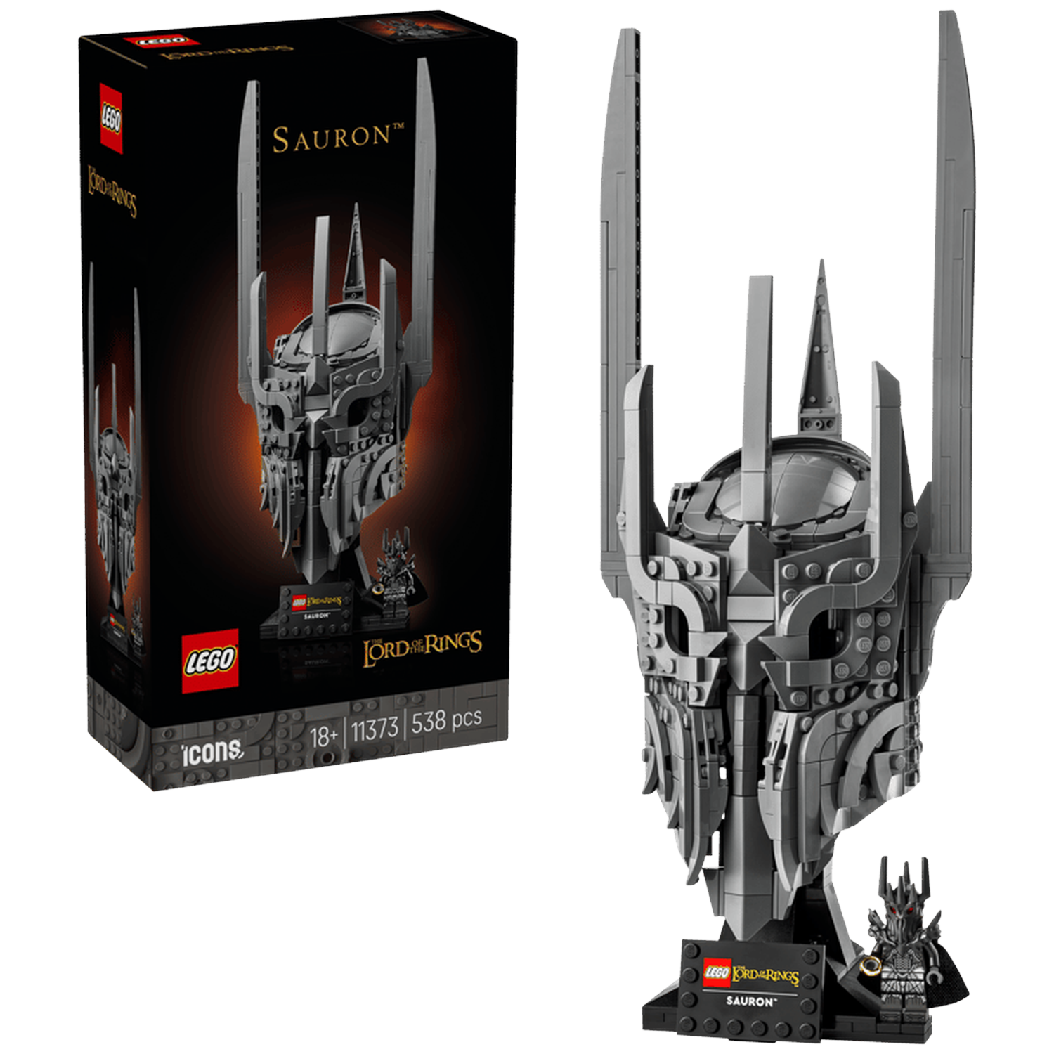LEGO Sauron helm bouwset met doos en minifiguur. Grijs en zwart.