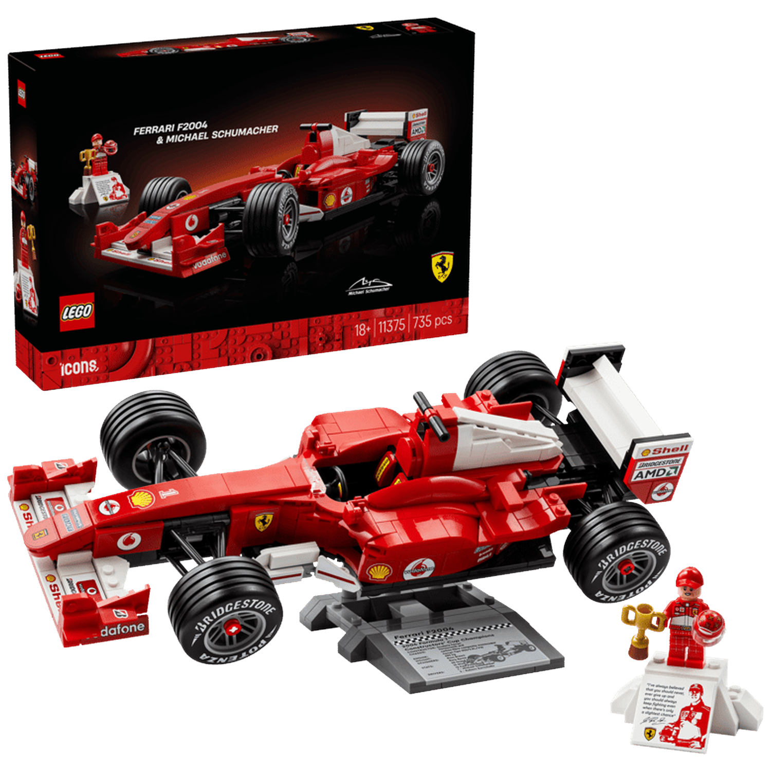 Une voiture de course Ferrari F1 Lego rouge avec figurine Michael Schumacher et boîte.