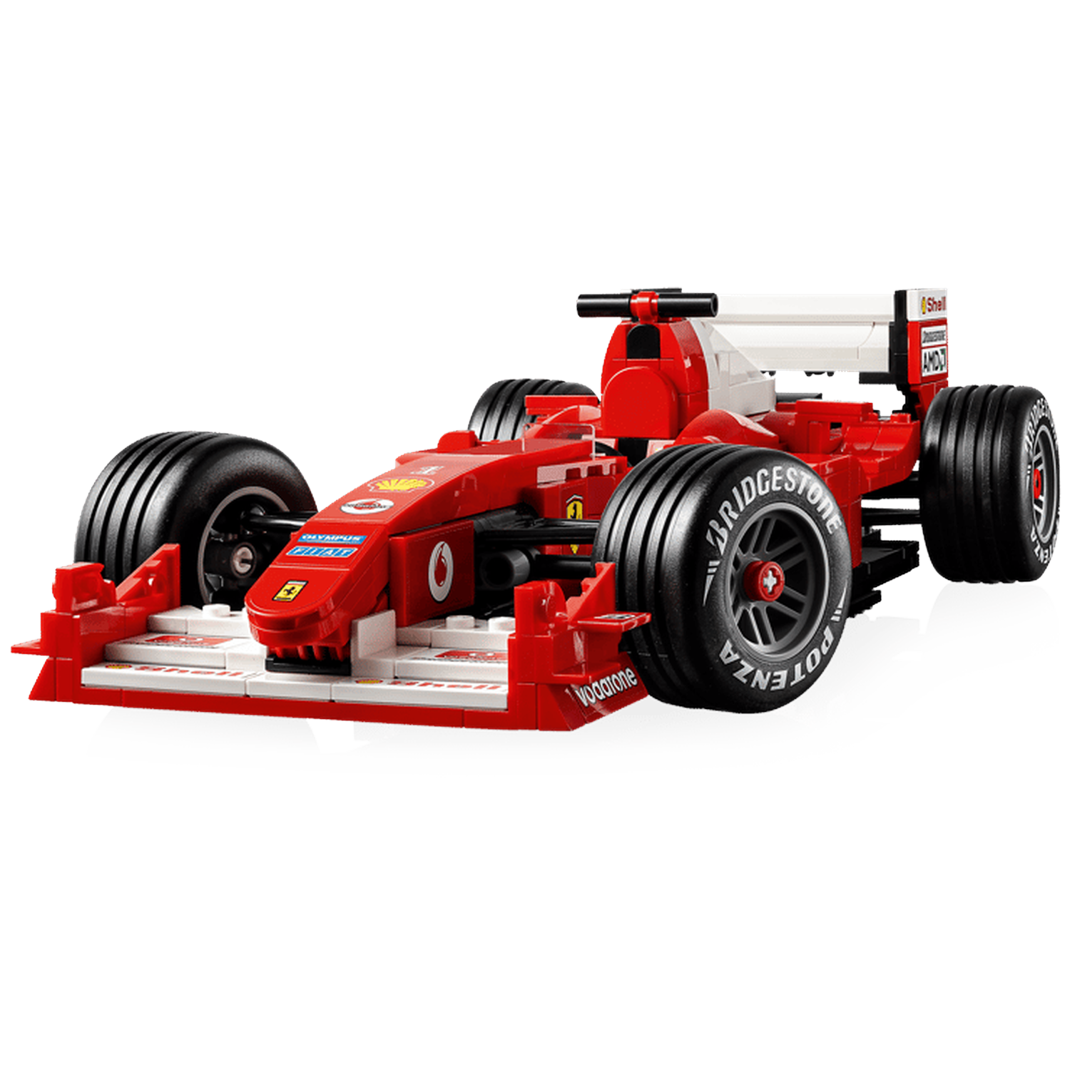 Une voiture de course F1 Lego rouge avec des détails blancs et noirs, sur fond noir.