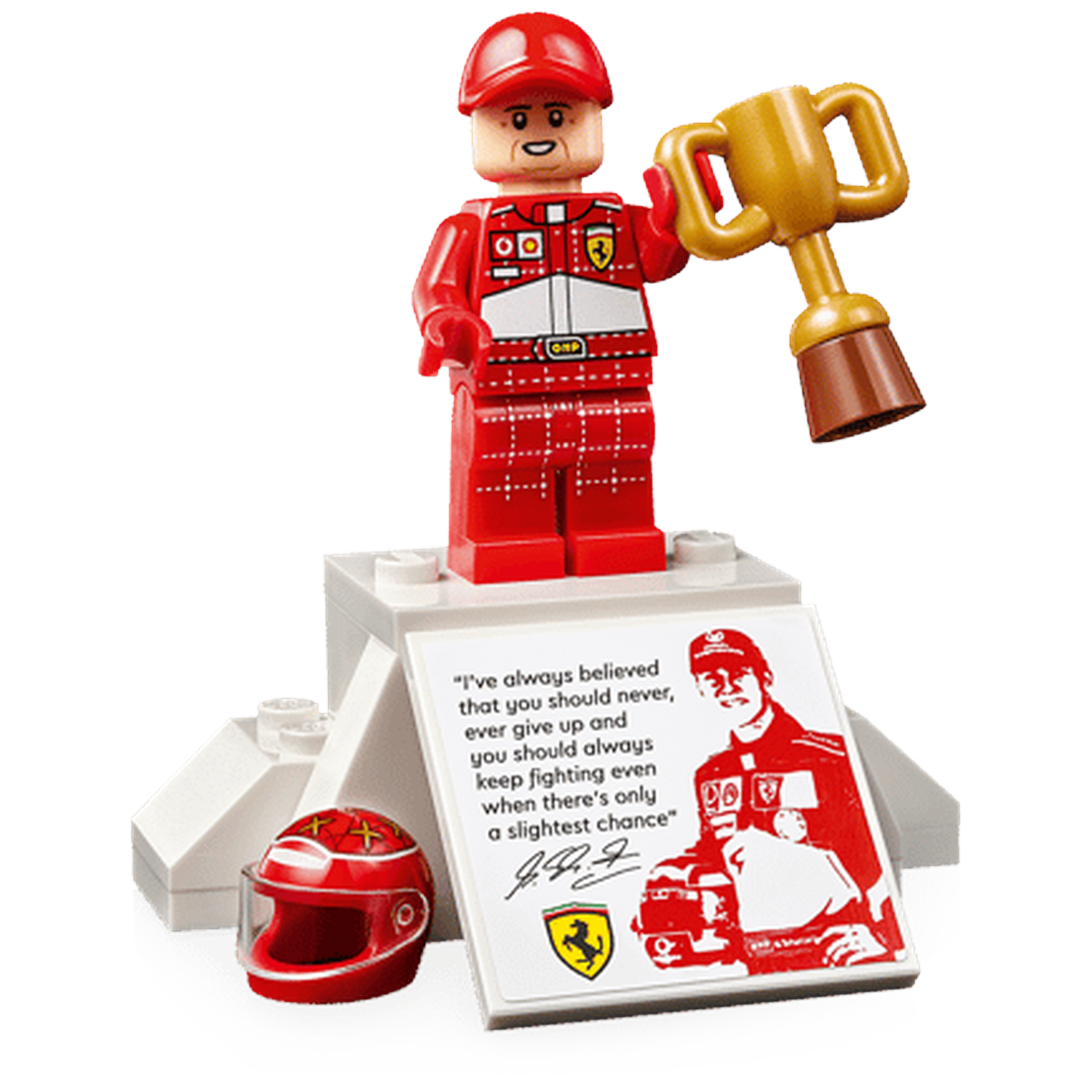 Pilote Lego rouge tenant un trophée, avec casque et citation.