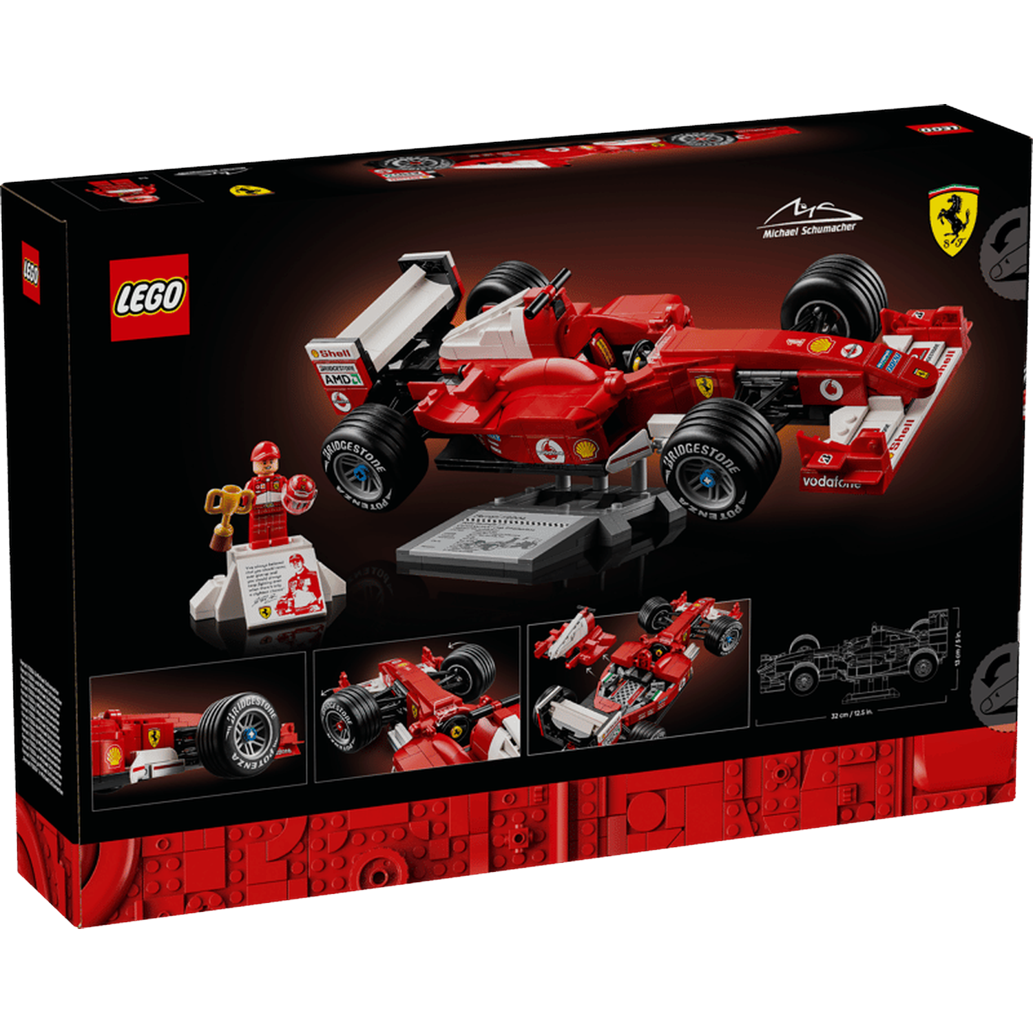 Boîte Lego montrant une voiture F1 rouge, Michael Schumacher et une figurine.