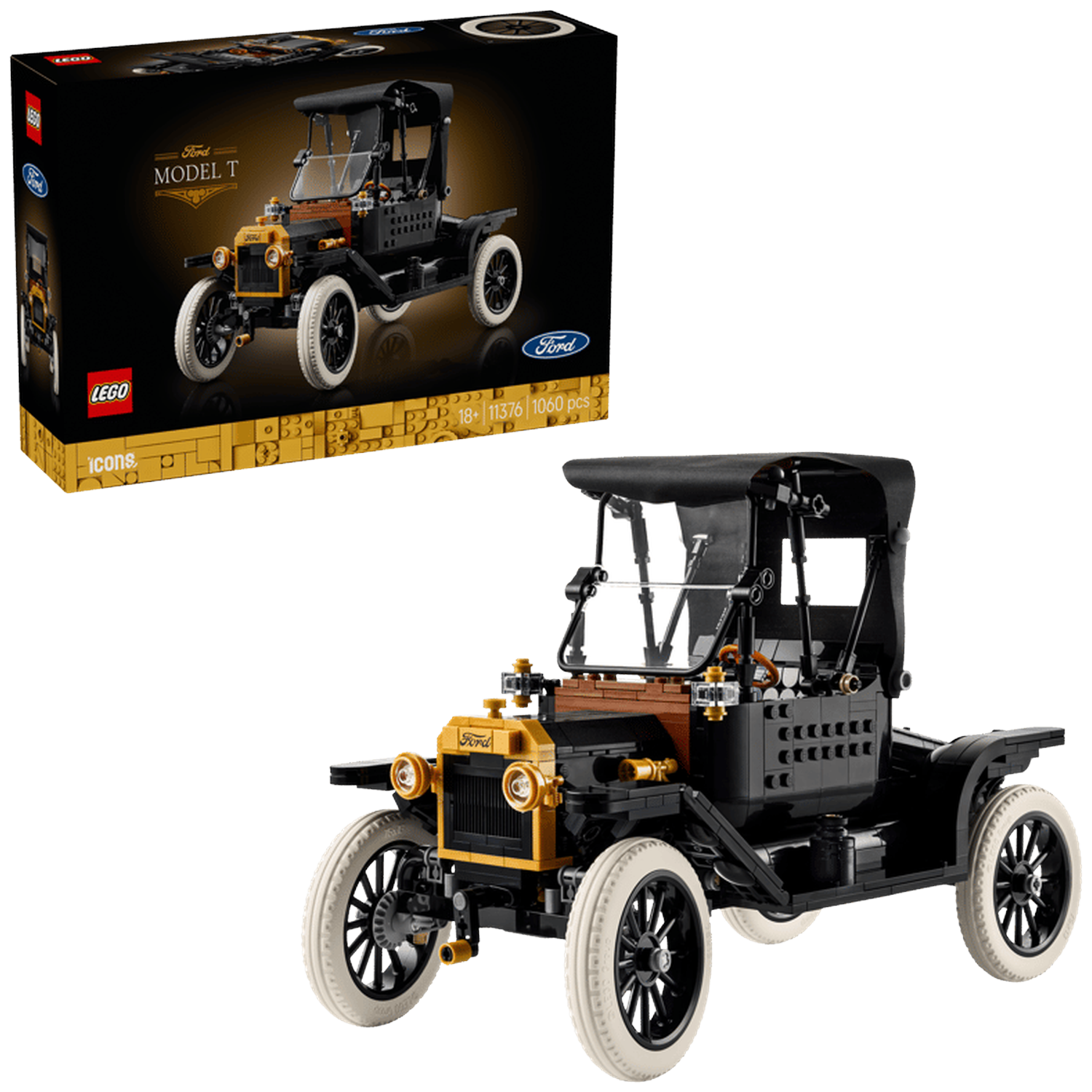 Een Lego-model van de Ford Model T met een zwarte carrosserie, gouden accenten en witte banden.