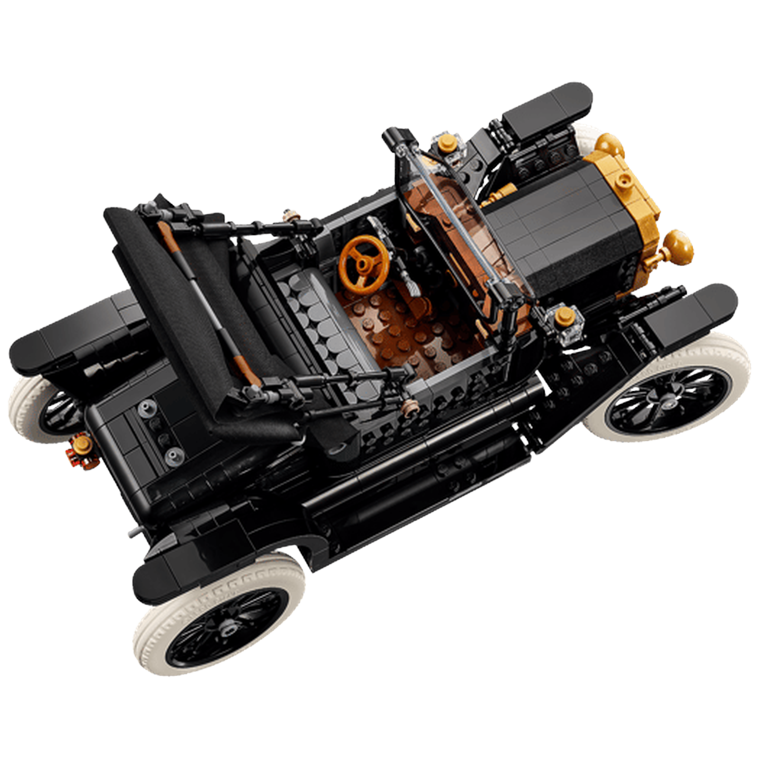 Een zwarte vintage Lego auto met bruin stuur en witte banden.