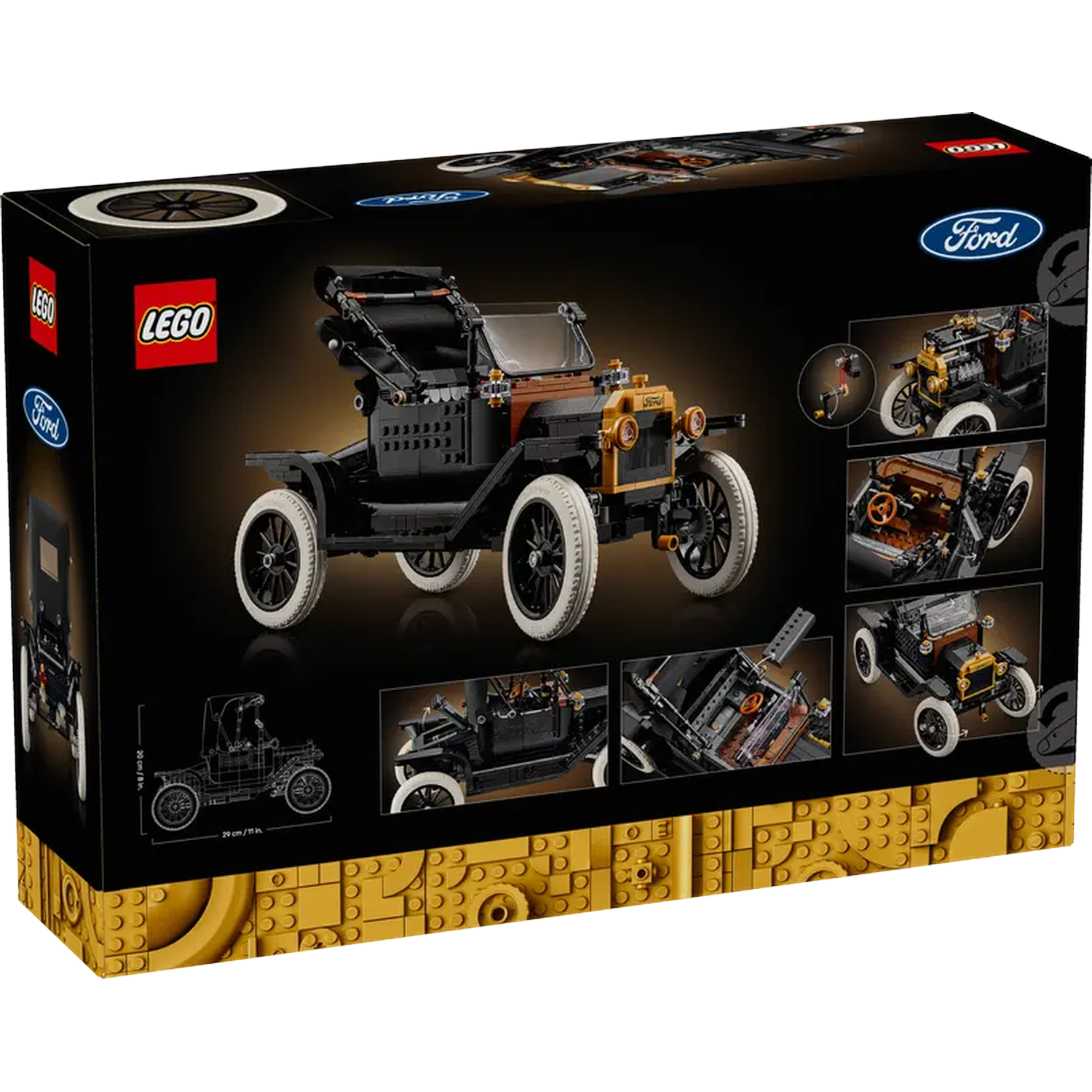 Lego Ford Model T met veel details, zwart en goud design.