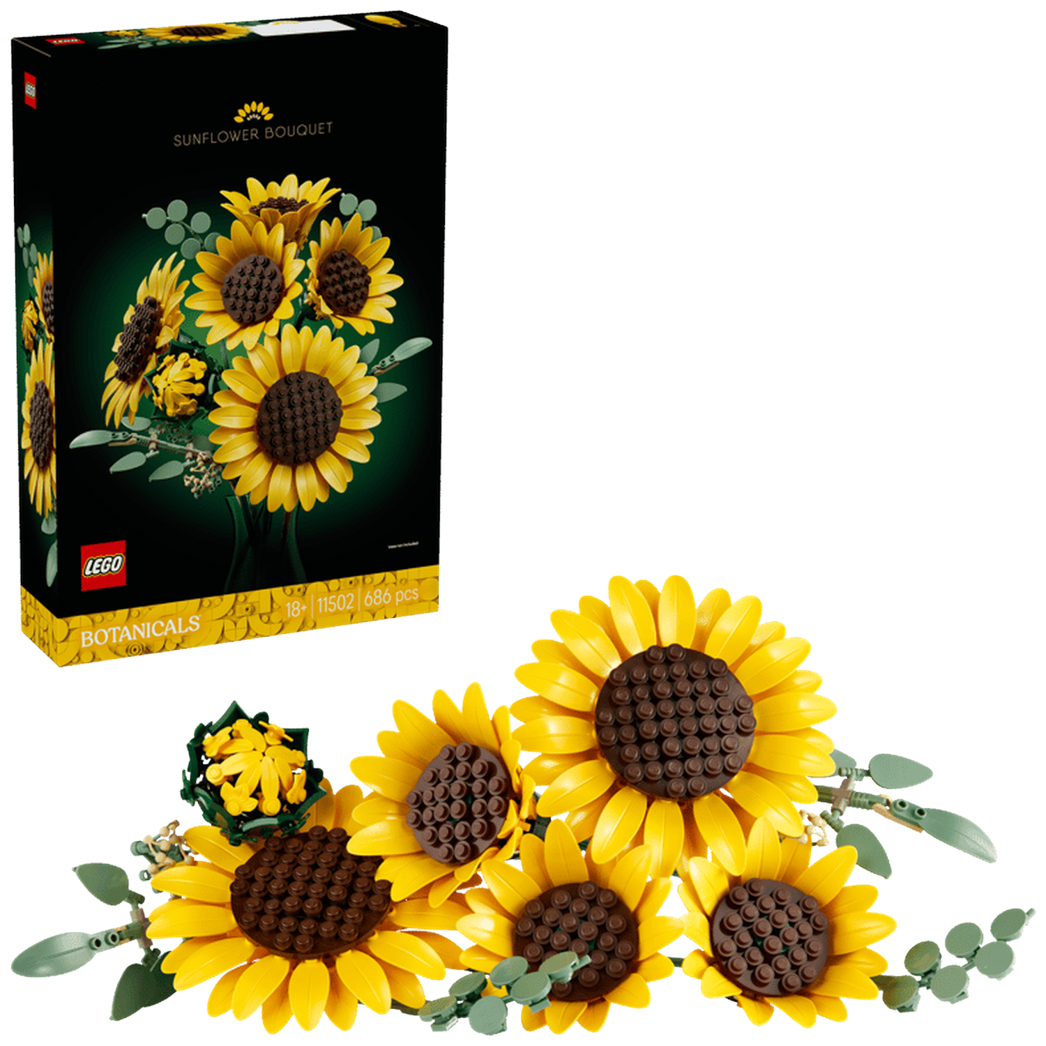 Set LEGO Bouquet de Tournesols avec fleurs jaunes et feuilles vertes.