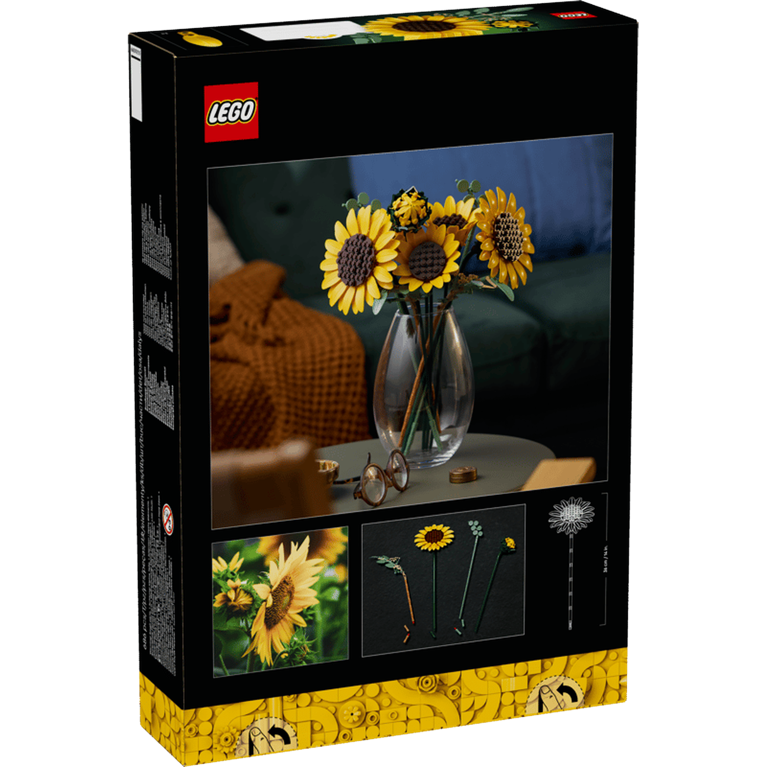 Set de tournesols LEGO sur emballage noir, montrant le modèle et les pièces.