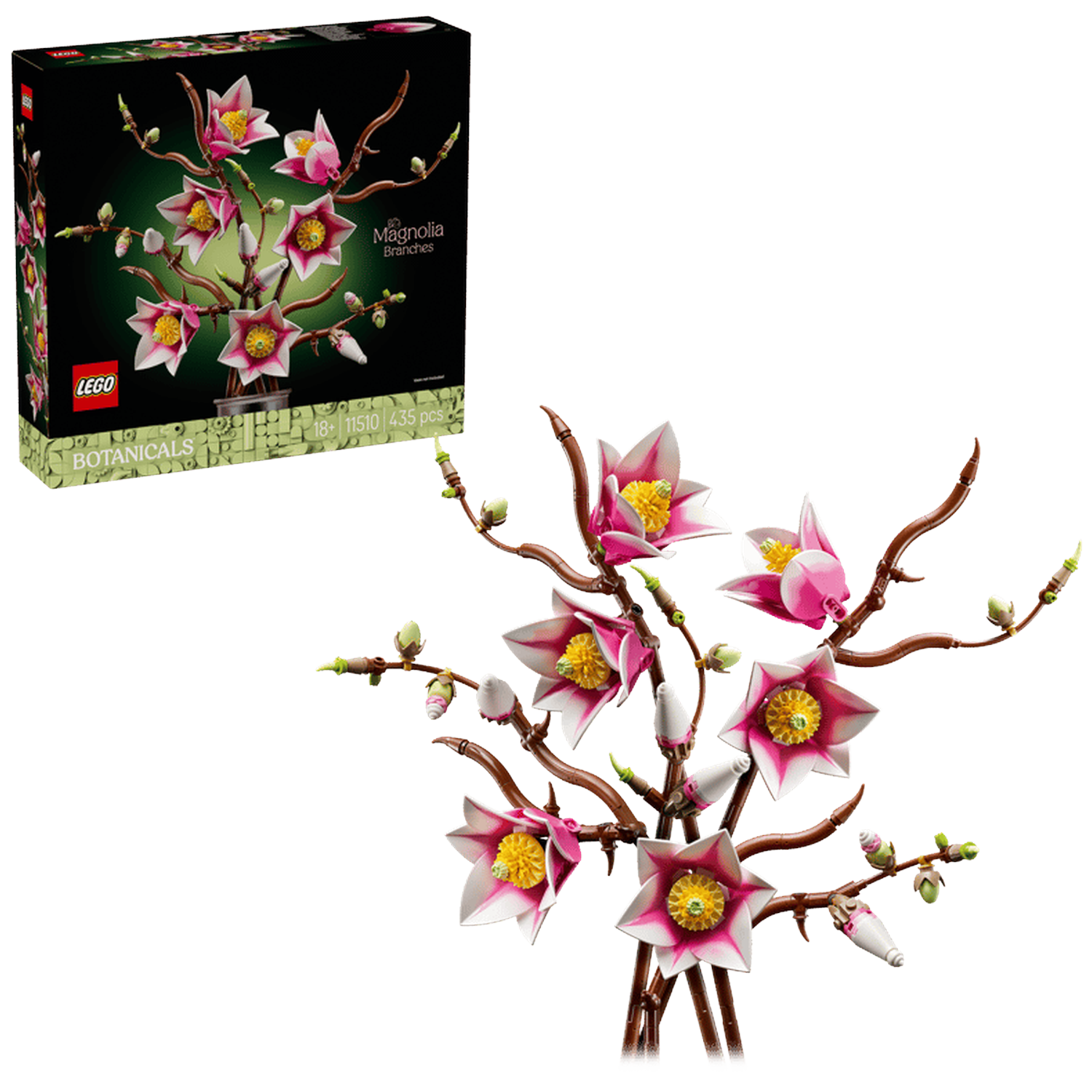 Un set LEGO de branches de magnolia avec fleurs et bourgeons roses et blancs.