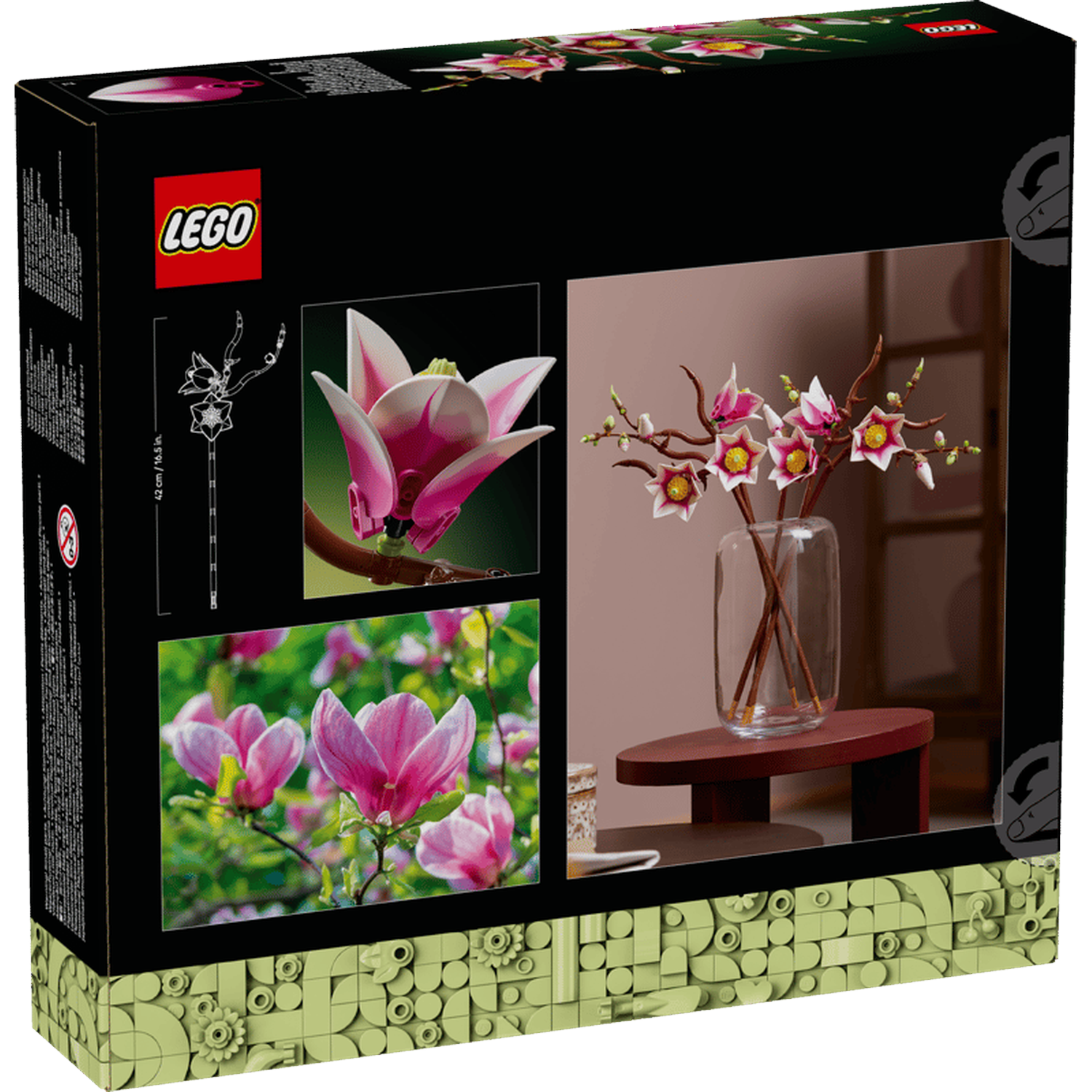 Boîte Lego présentant un kit de construction de magnolia, montrant un gros plan et un vase.