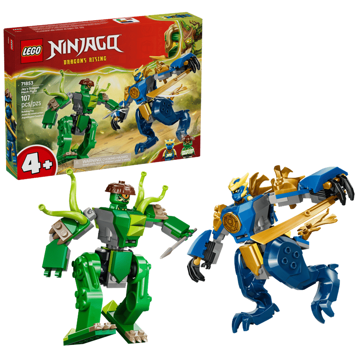 LEGO Ninjago Jay's Dragon Mech Fight set with green and blue mechs.