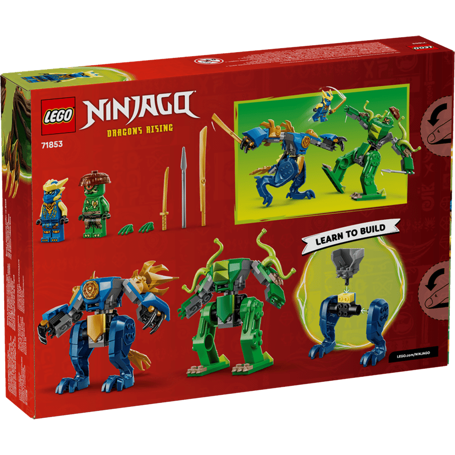 LEGO Ninjago box with figures, robots, and weapons.