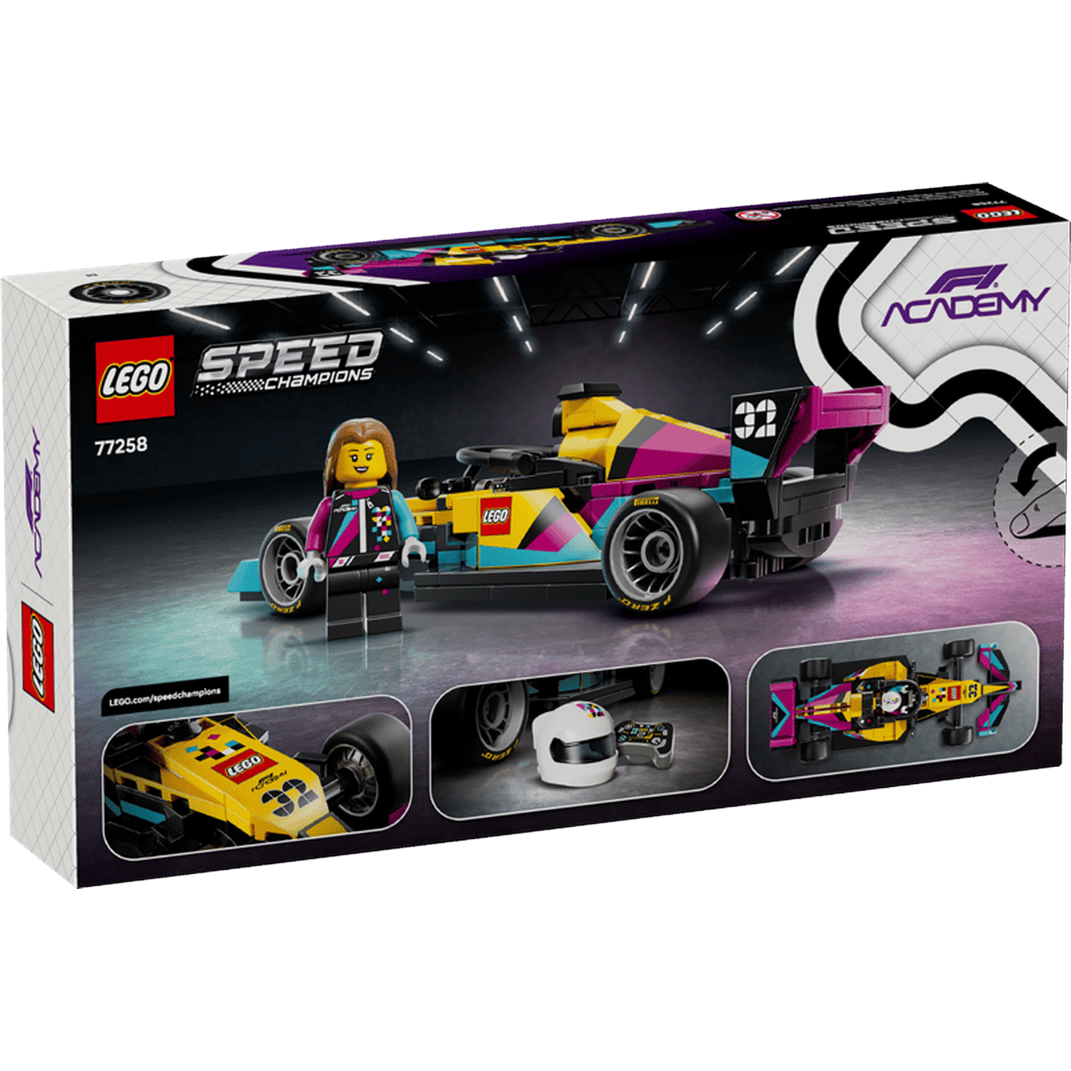 Set Lego Speed Champions avec une voiture de course et une figurine sur fond noir.