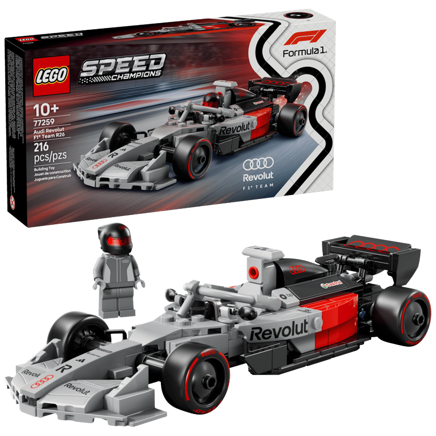 LEGO Audi F1 raceauto met minifiguur. Grijs, rood en zwart.