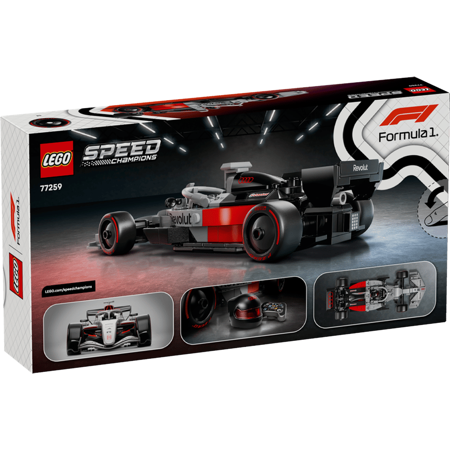 LEGO Formule 1 raceauto set met drie weergaven: auto, helm en controller, en bovenaanzicht.