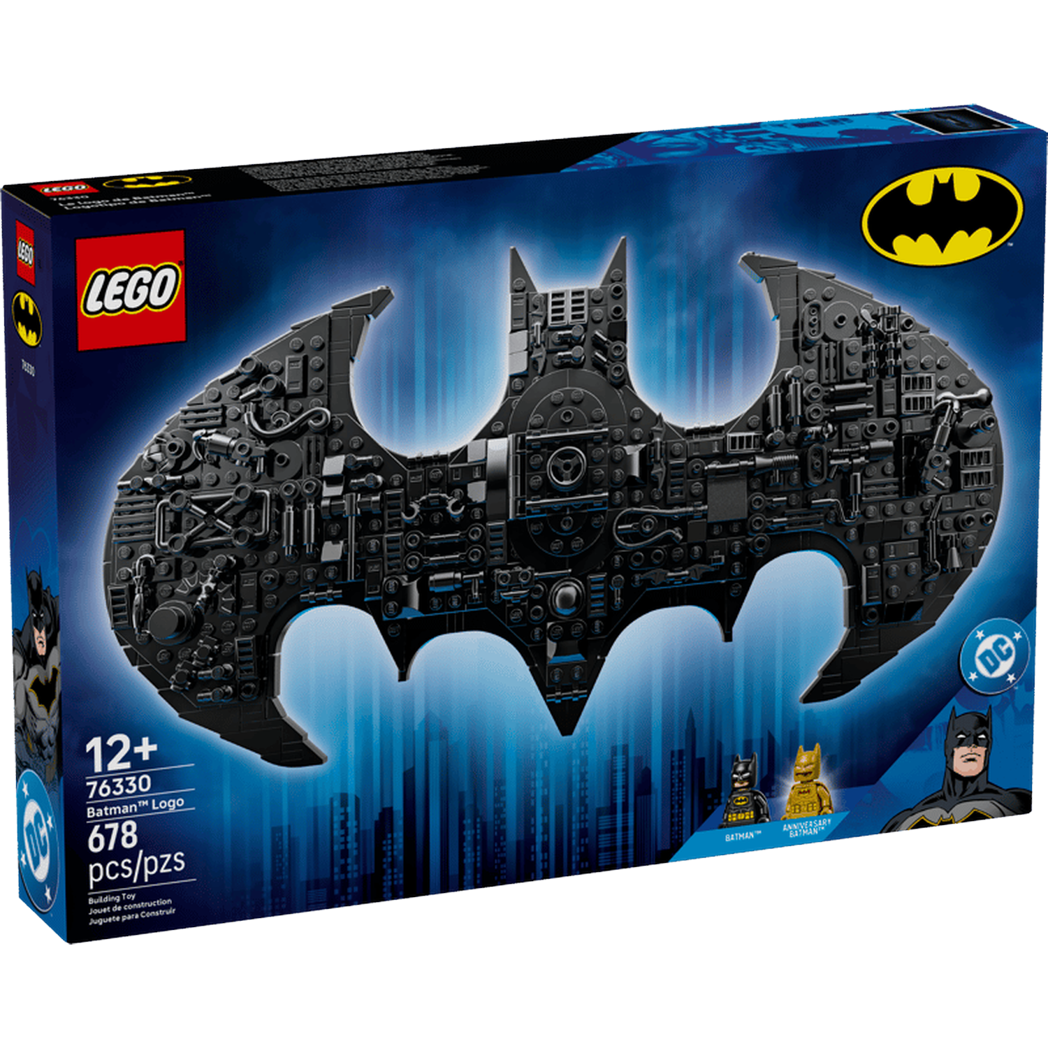 LEGO Batman Logo set met minifiguren en instructies. Donker design.