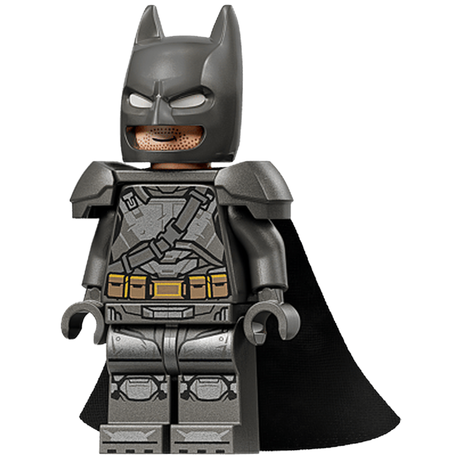 Een Lego Batman figuur in donker pantser met zwarte cape.
