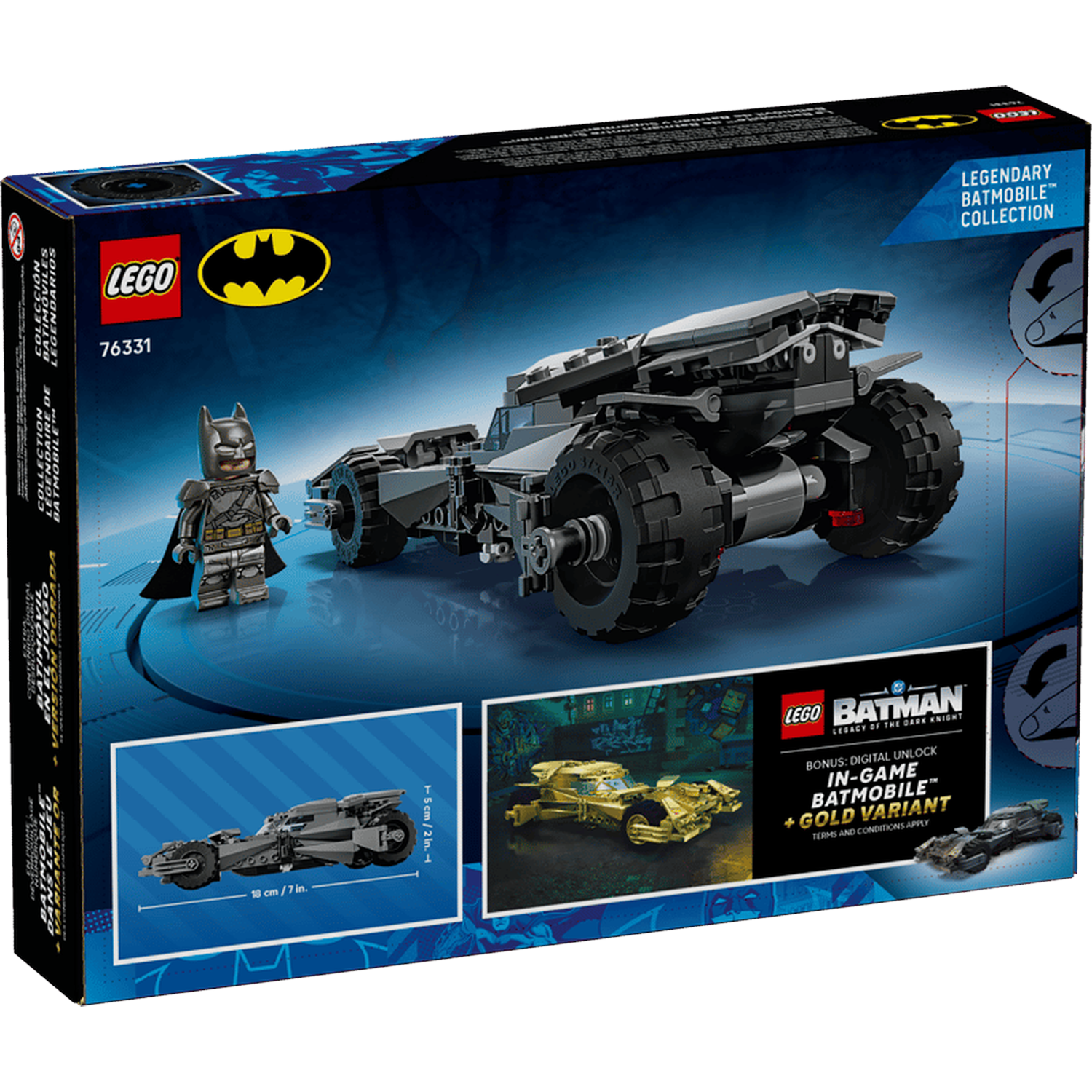 LEGO Batmobile set met Batman-figuur en in-game bonus.