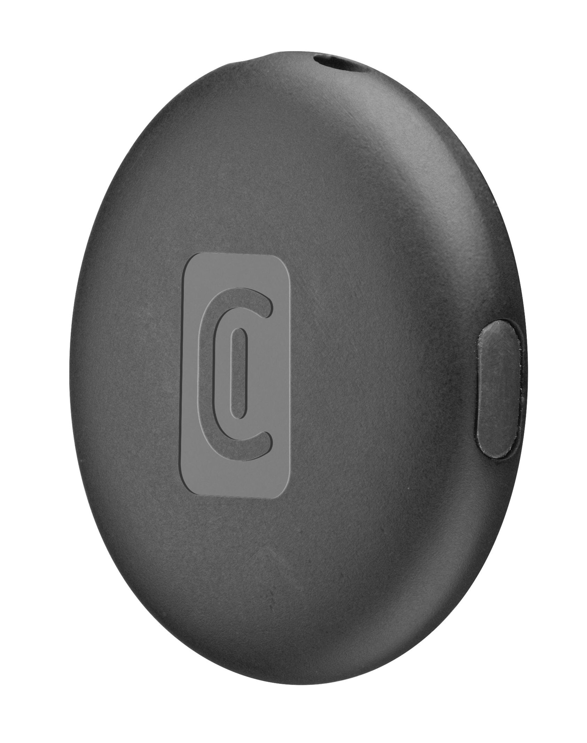 Objeto negro y redondo con logo gris en C y una ranura arriba.