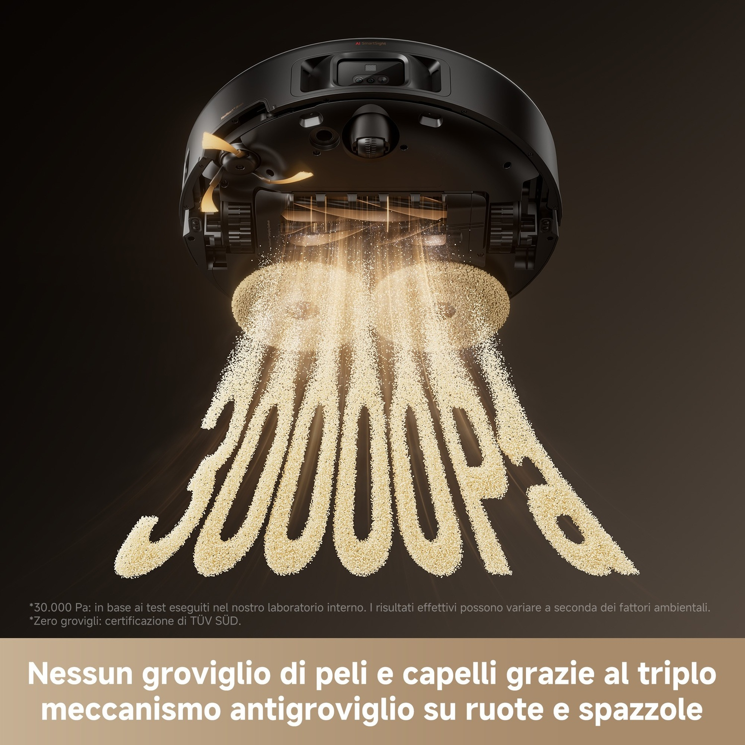 Un robot aspirapolvere aspira sabbia a forma di "30000Pa".