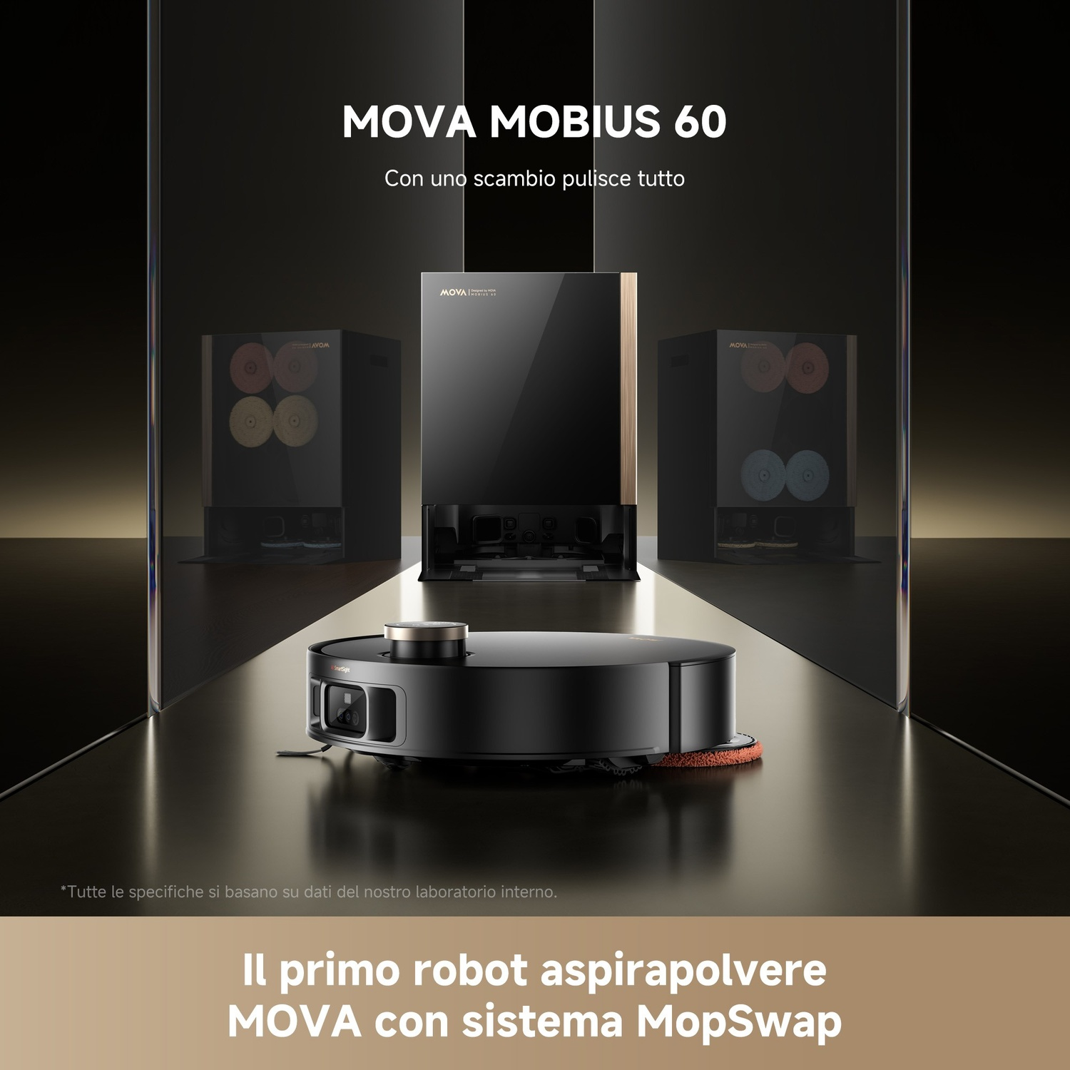 Un robot aspirapolvere nero davanti a una base di ricarica con spazzole.