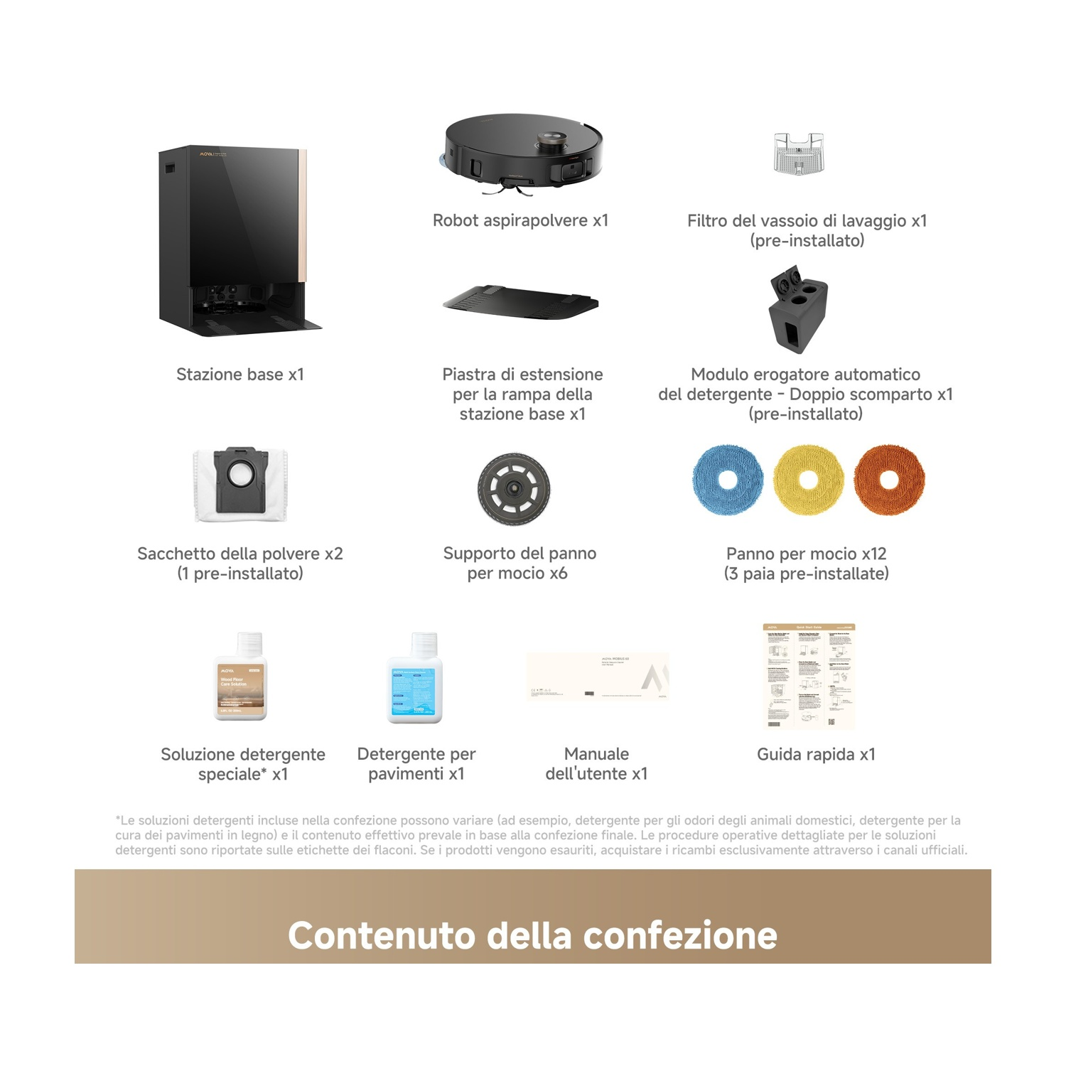 Il contenuto della confezione mostra un robot aspirapolvere, base di ricarica e accessori.