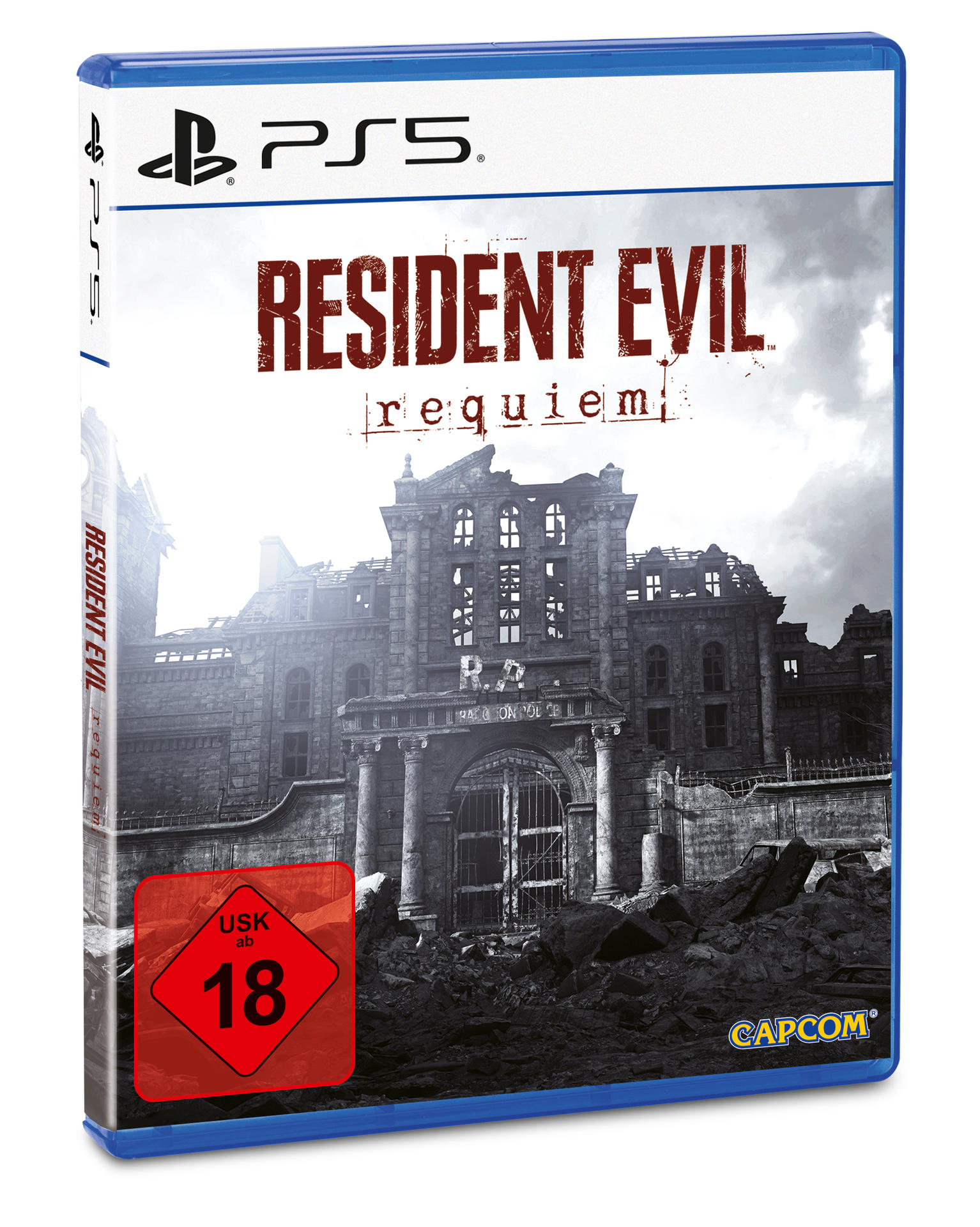 Resident Evil Requiem PS5 Hülle mit zerstörter Villa und USK 18 Siegel.