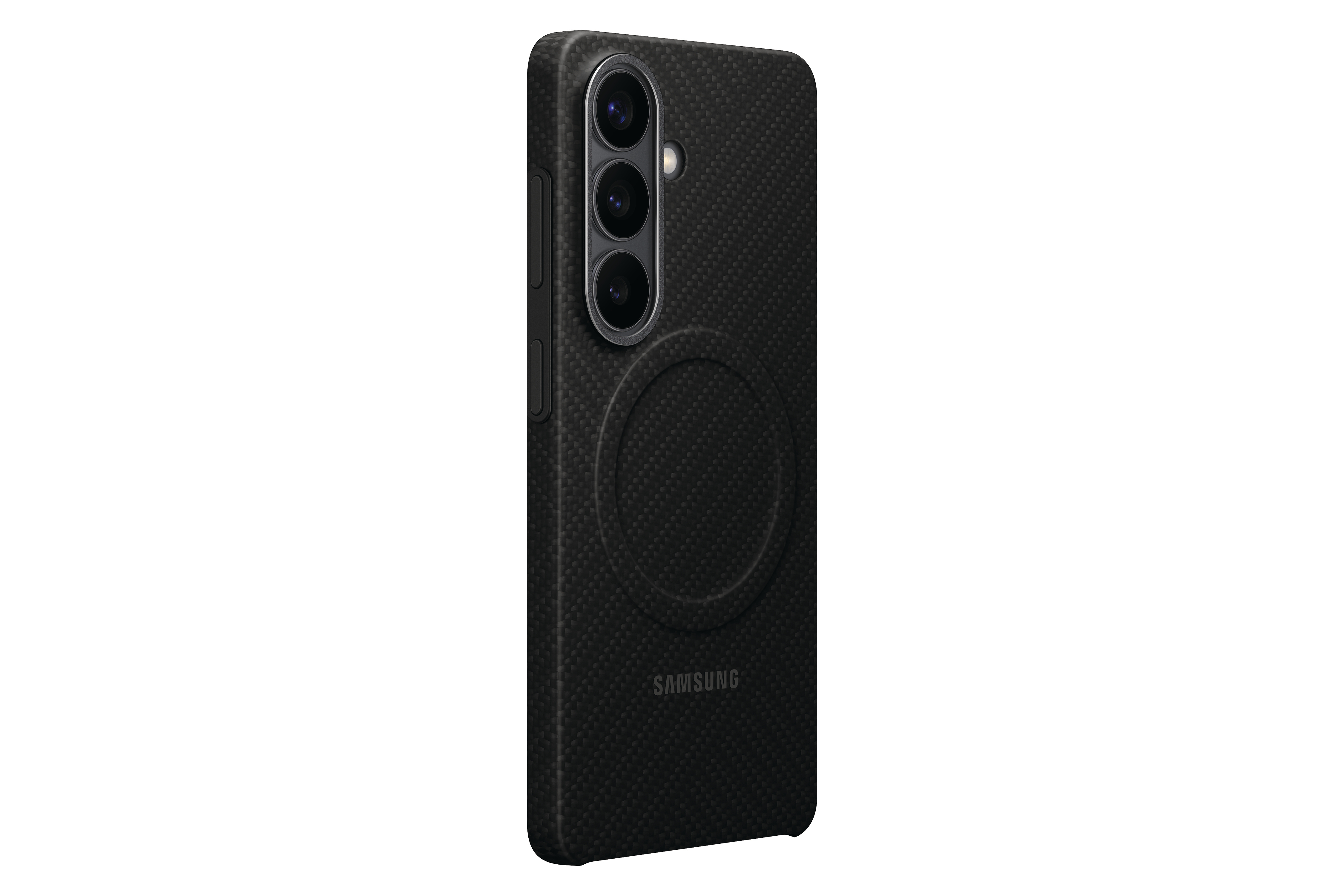 Schwarzes Handy mit drei Kameras und Samsung-Logo, Karbonfaser-Muster.