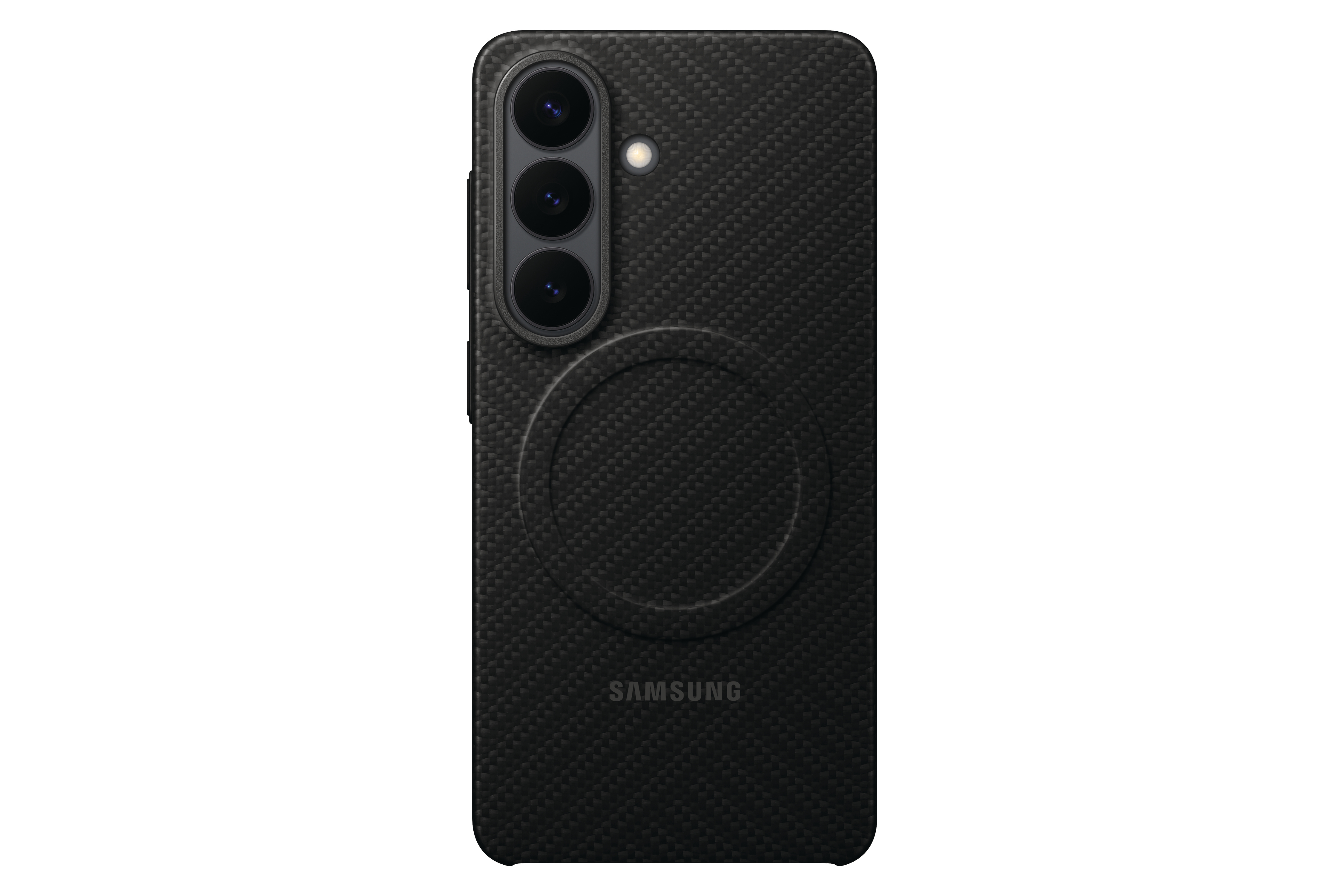Schwarzes Samsung Smartphone mit drei Kameras und einem runden Ring.