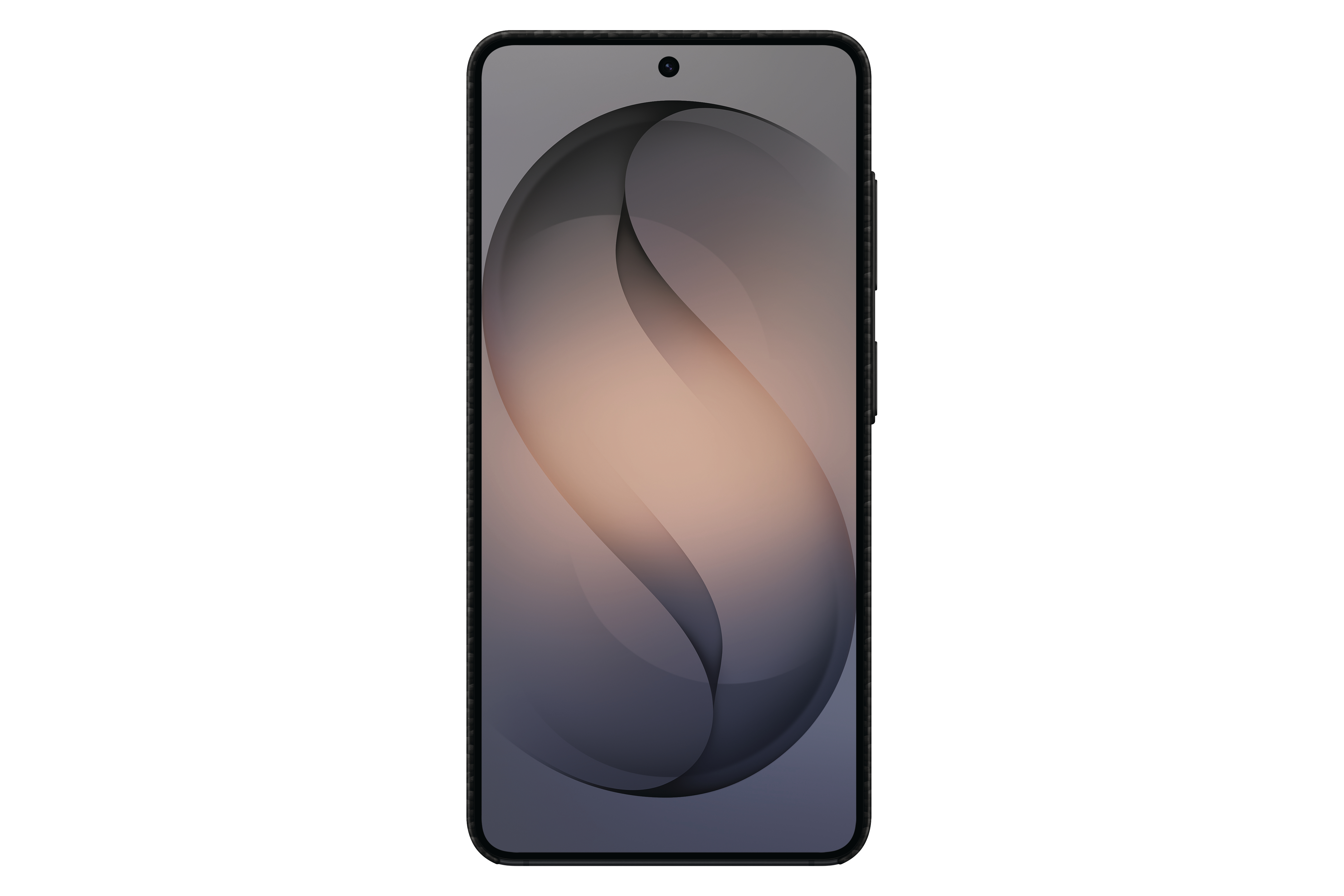 Ein Smartphone mit dunklem Rahmen und einem abstrakten, geschwungenen Hintergrundbild.