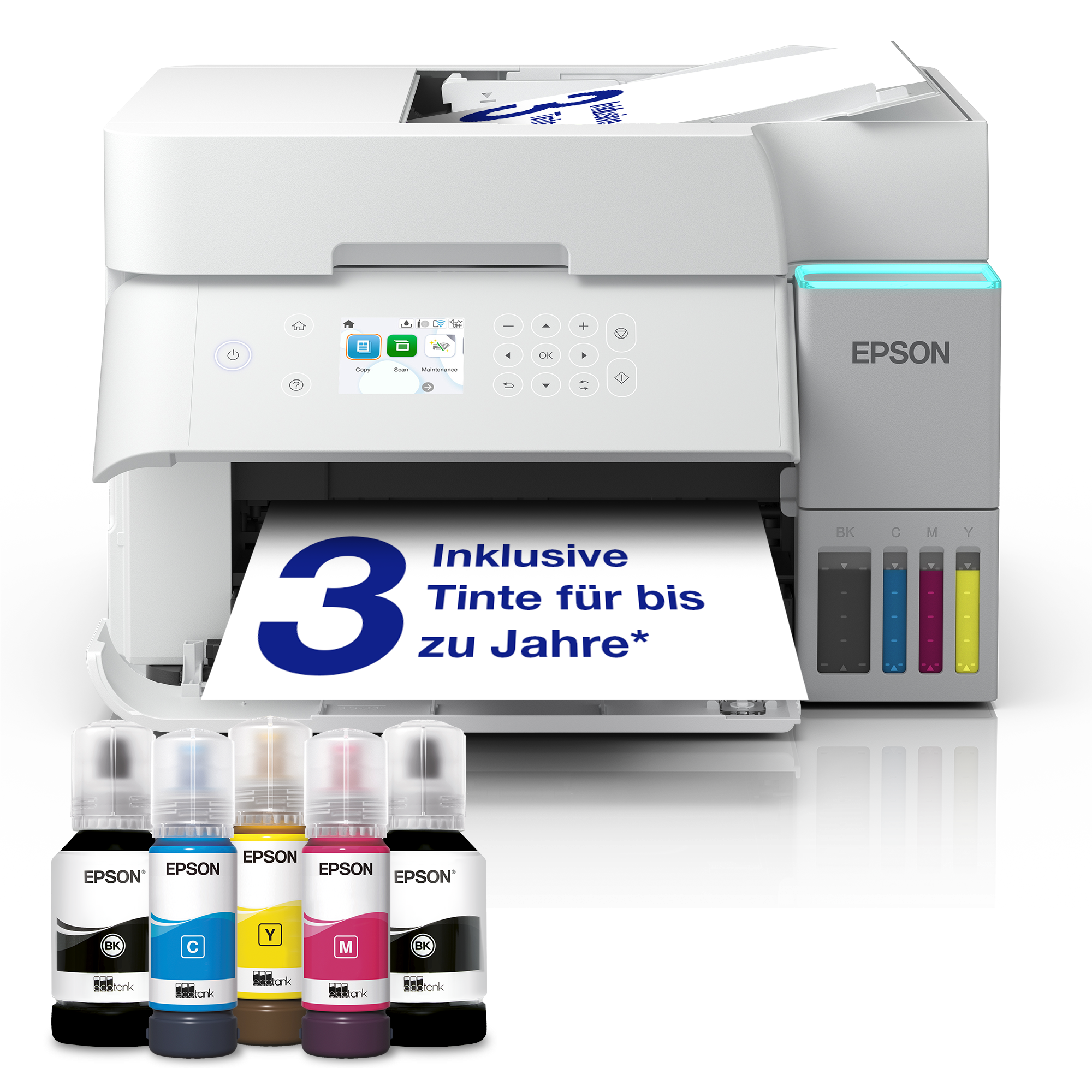 Weiße Epson-Drucker mit Tintenflaschen und einem Blatt mit der Zahl 3.
