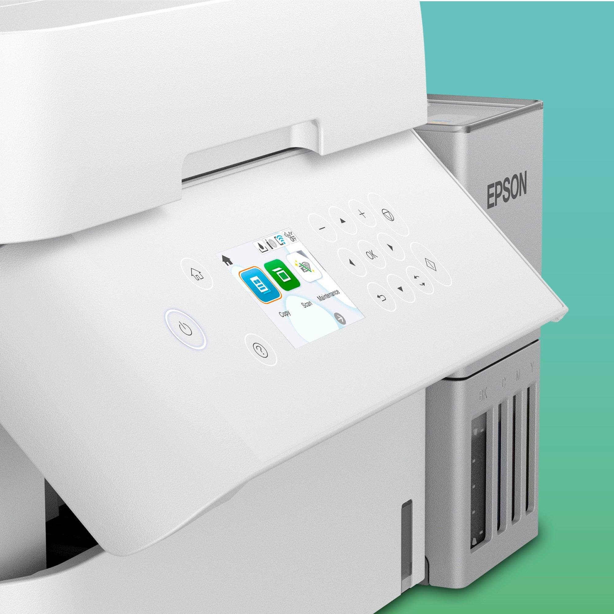 Ein weißer Epson Drucker mit Touchscreen und Bedienfeld.
