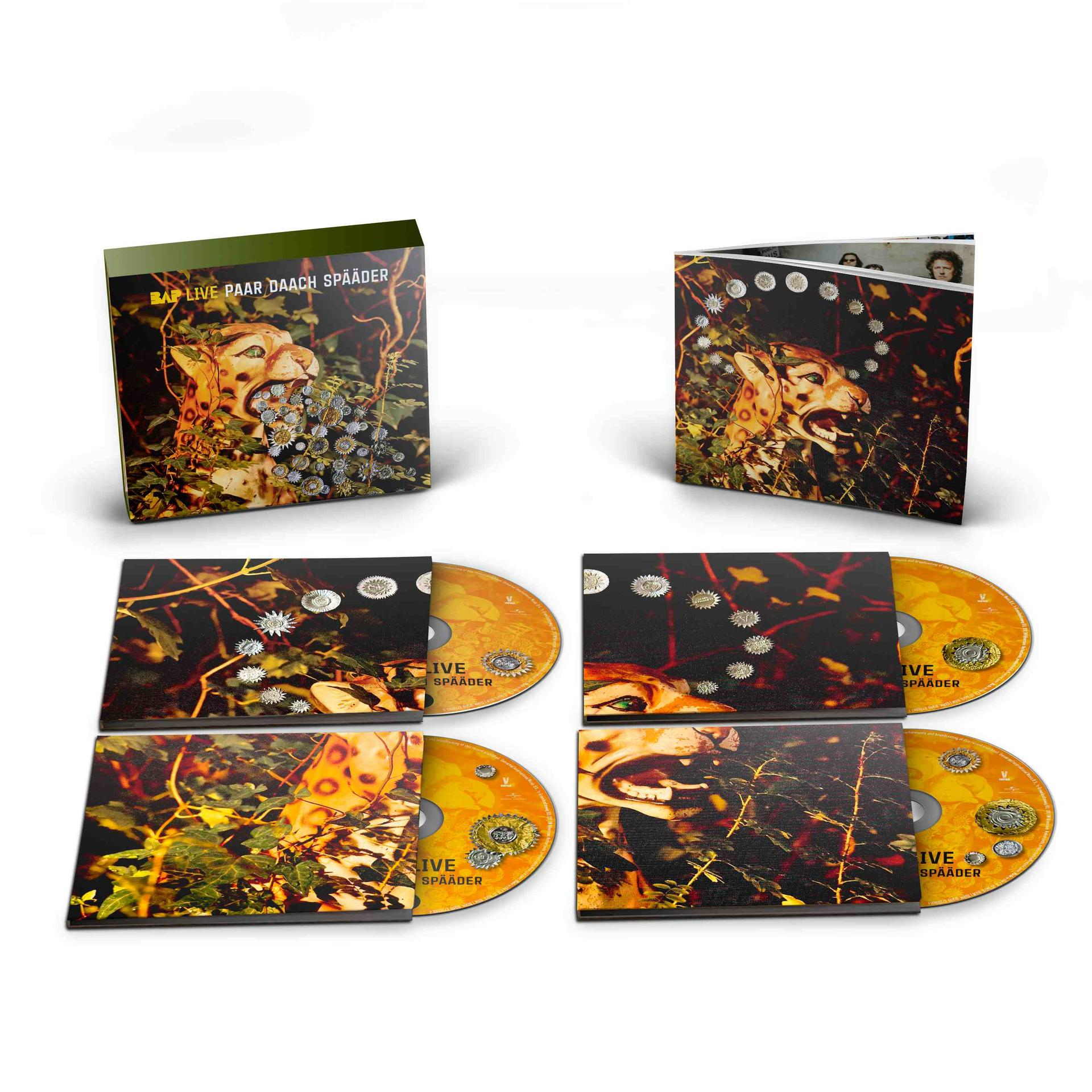 Vier CD-Box-Sets mit einem Leopardenkopf-Motiv und floralen Elementen.
