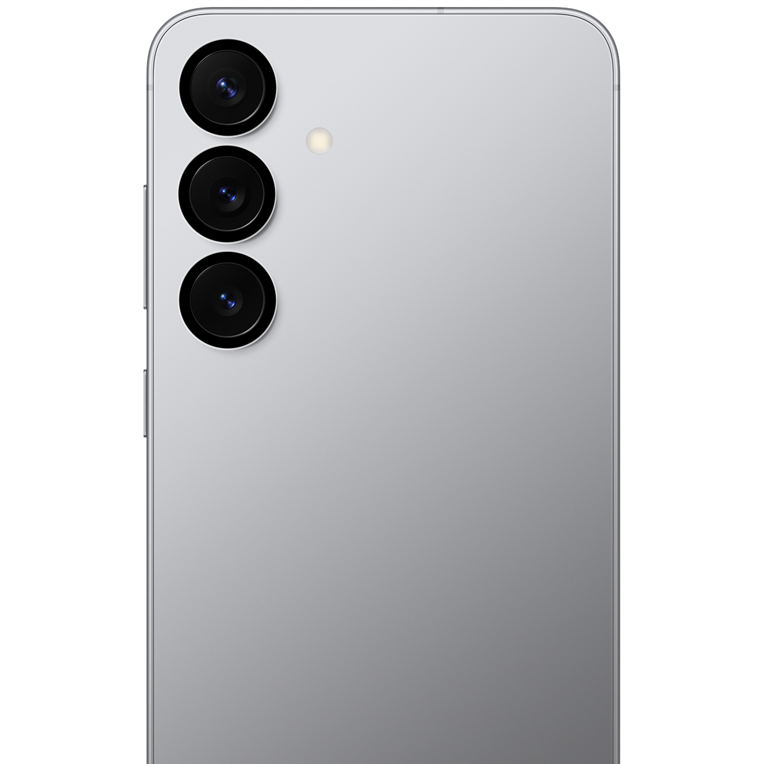 Achterkant van een zilveren smartphone met drie verticale camera's en flitser.
