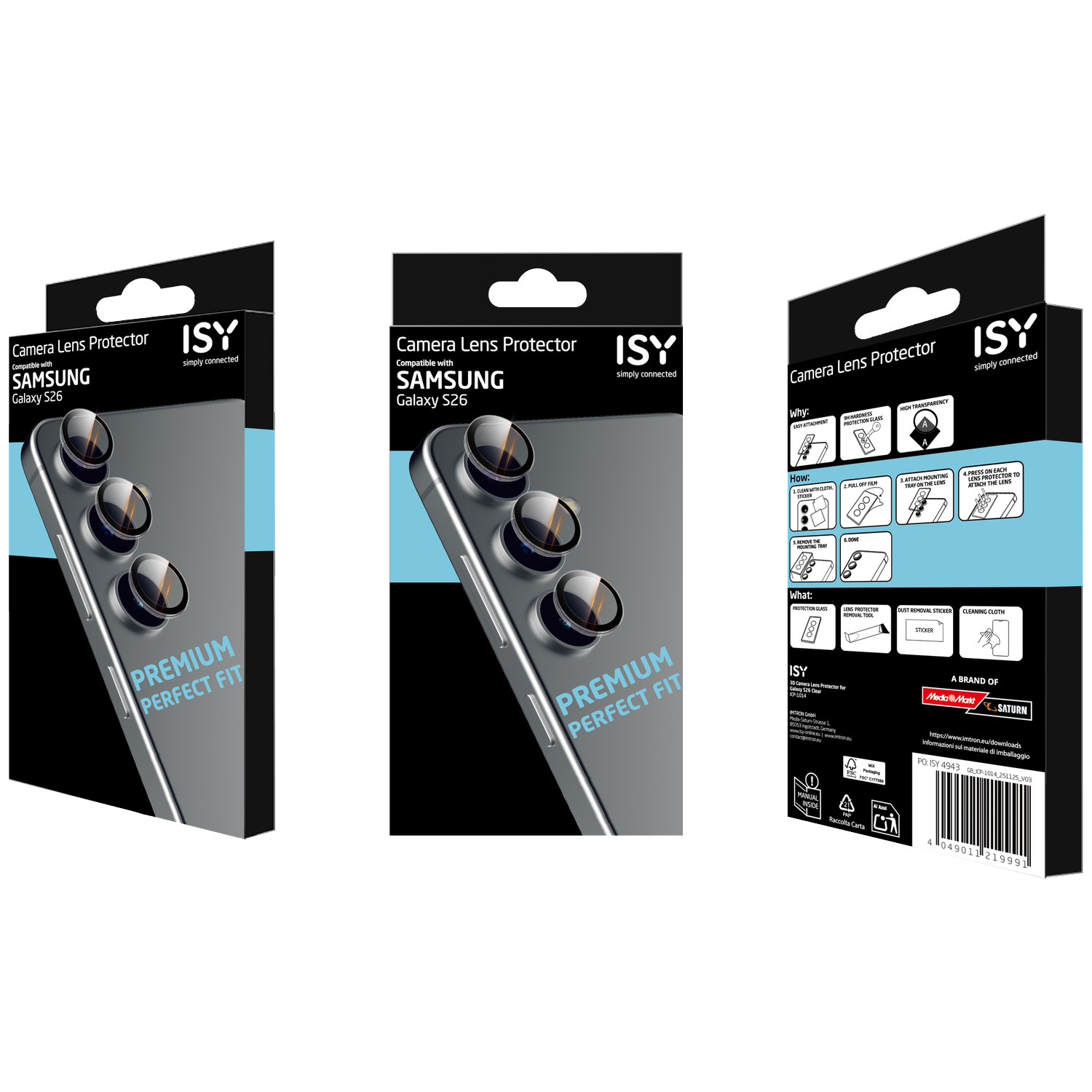 Verpakking voor ISY Samsung Galaxy S26 cameralensbeschermer met instructies.